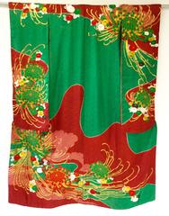 Kimono japonais vintage rouge et vert SHibori teint en Uchikake avec chrysanthème doré