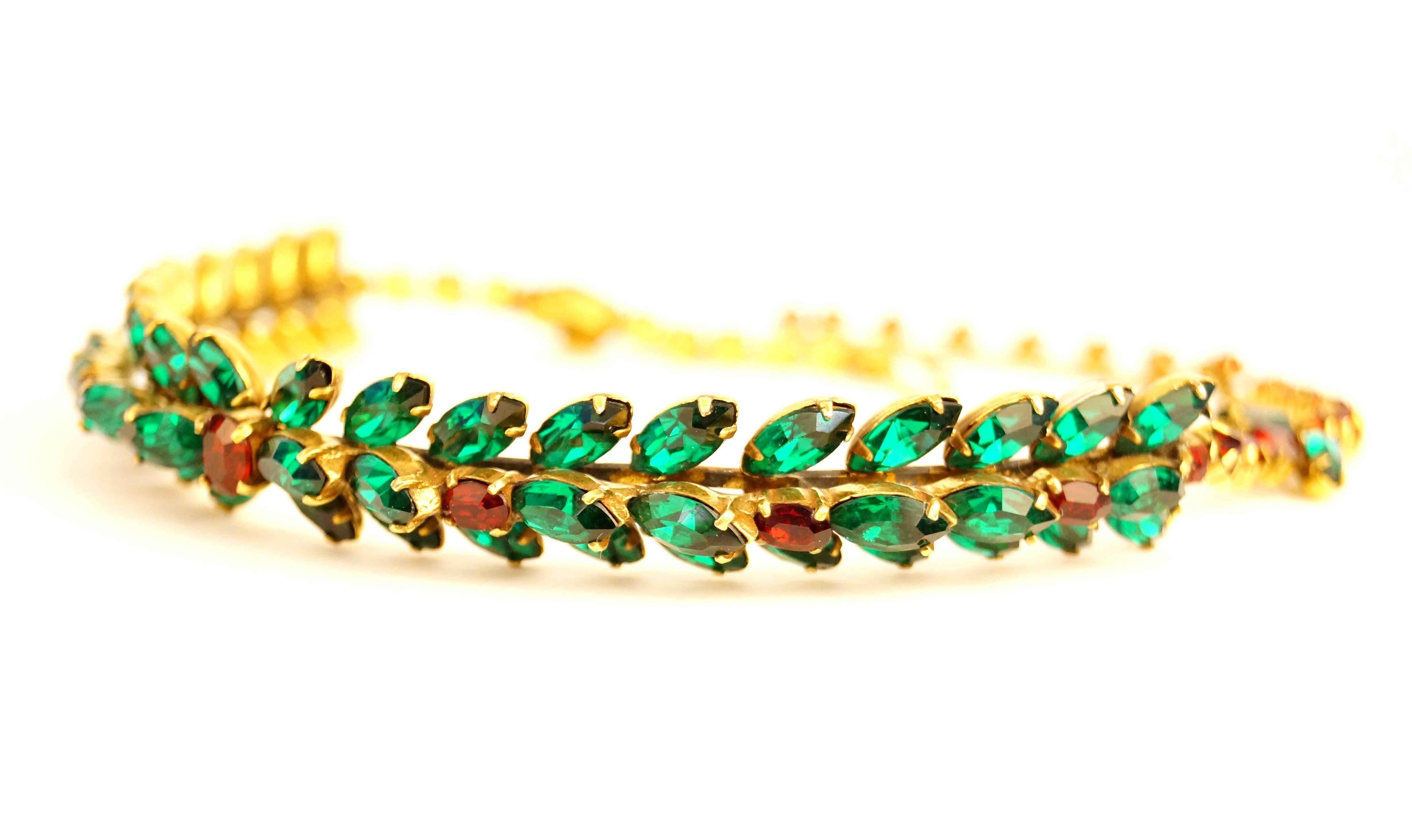 1950s Couture Christian Dior by Kramer Red & Green Diamante Choker Necklace For Sale 1