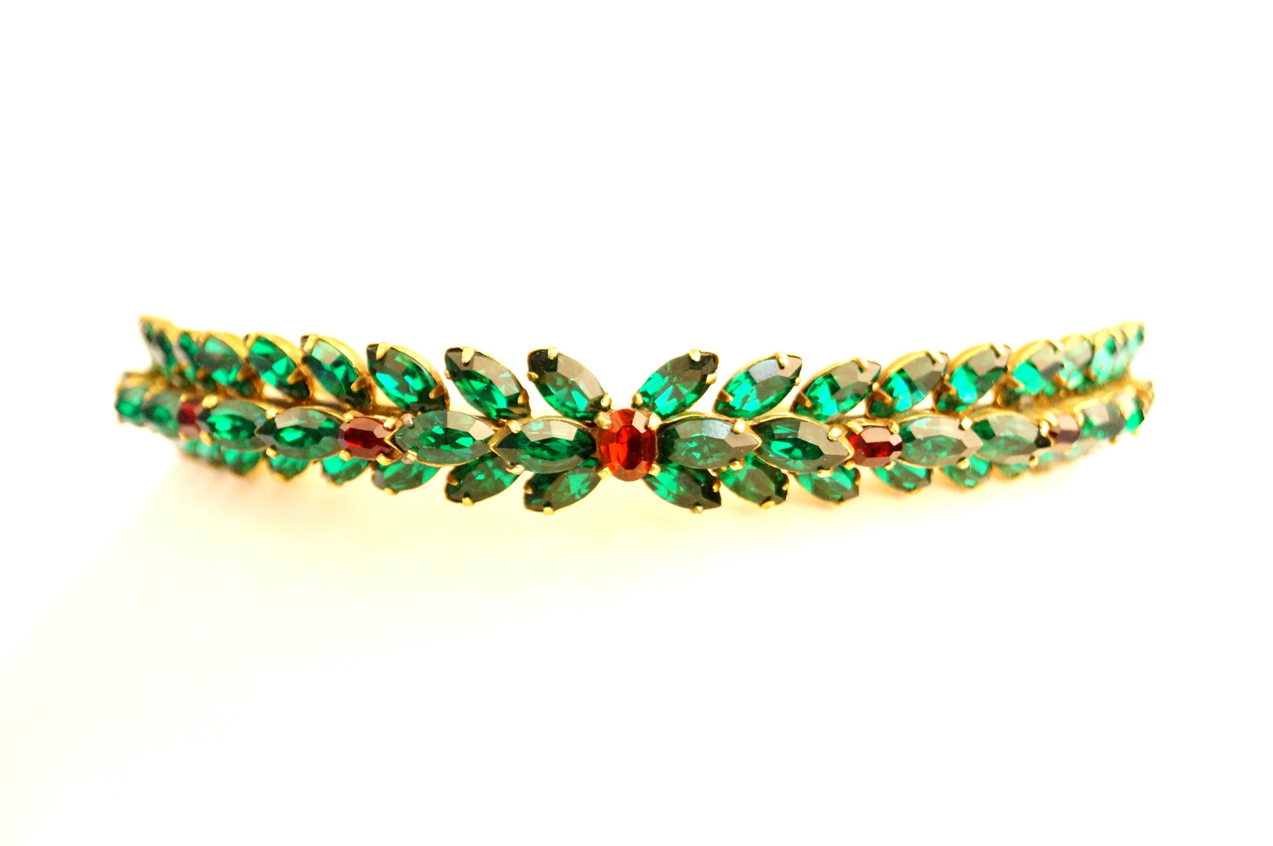 1950s Couture Christian Dior by Kramer Red & Green Diamante Choker Necklace For Sale 2