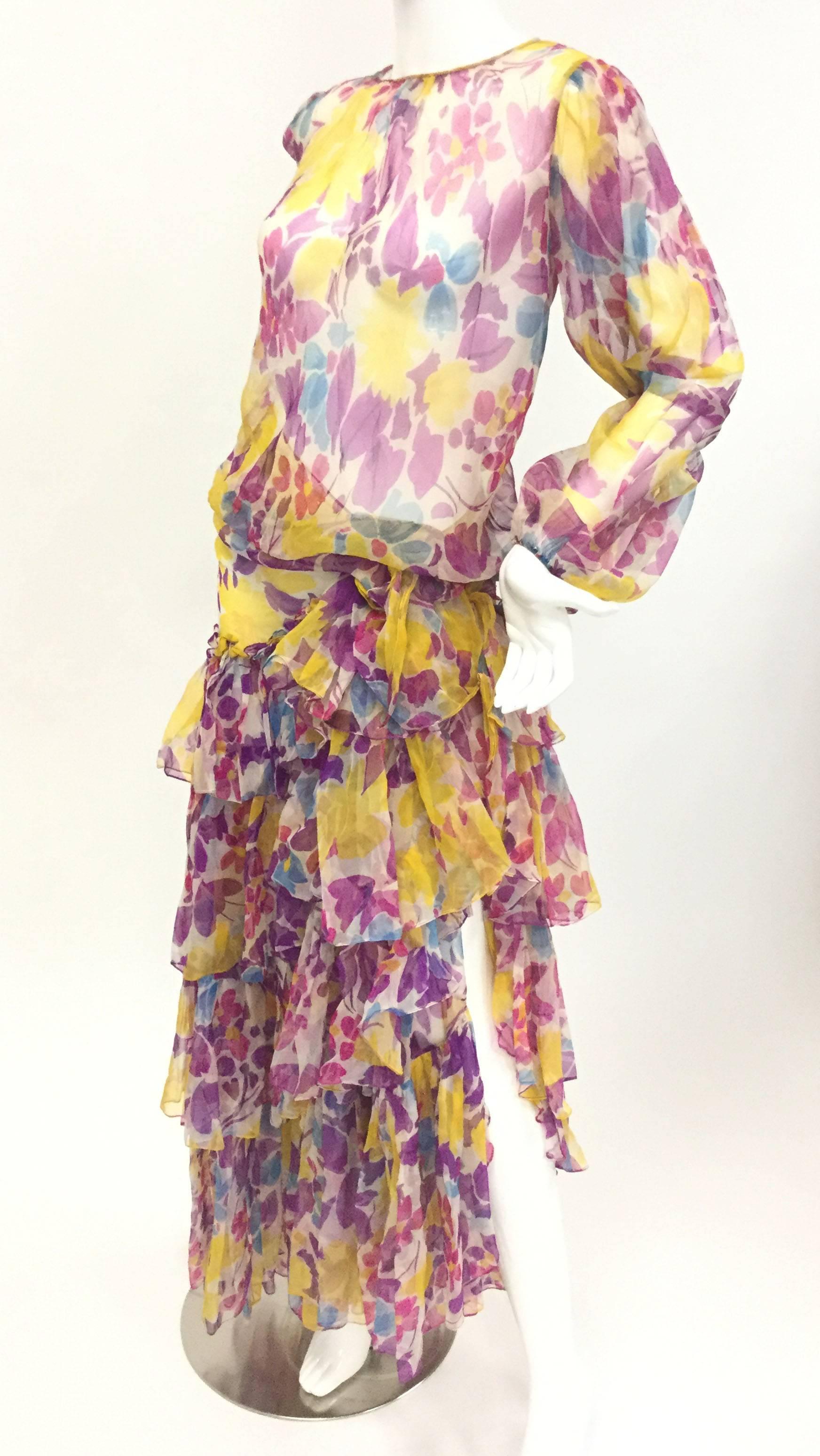 Brown 1990s Oscar de la Renta Sheer Floral Ensemble For Sale