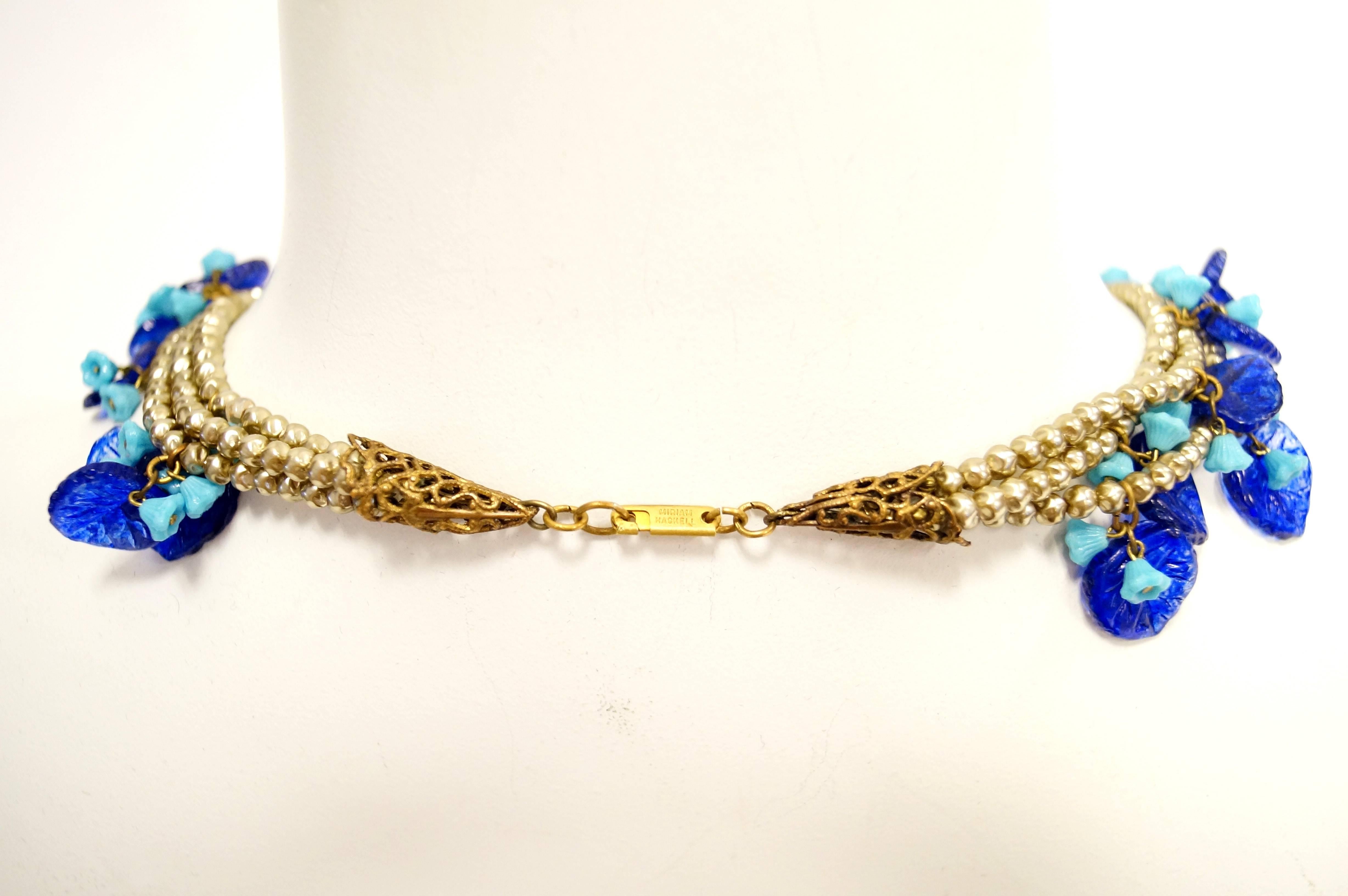 Mid Century Miriam Haskell Poured Art Glass Cobalt Flower Necklace 1