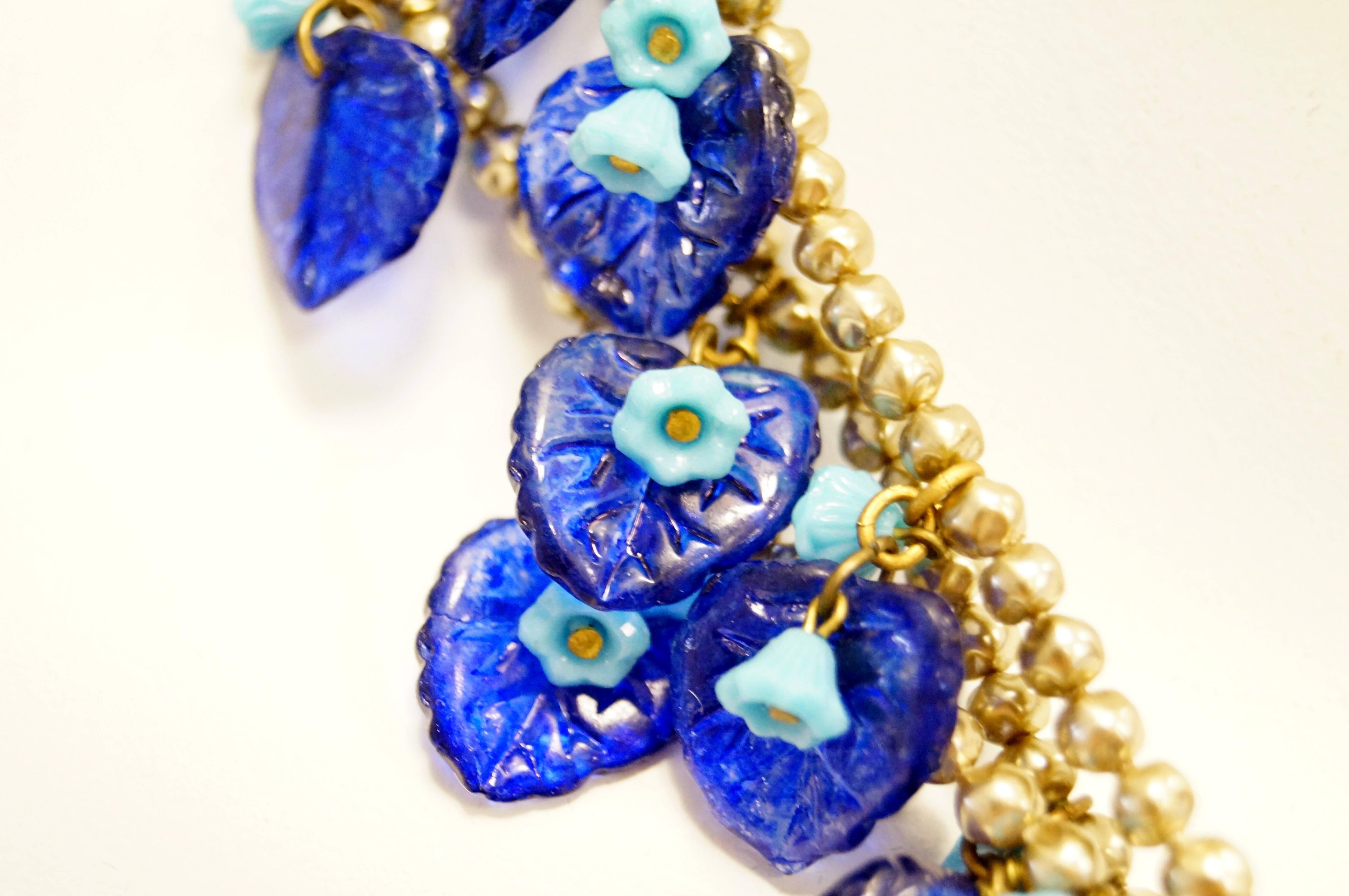 Women's or Men's Mid Century Miriam Haskell Poured Art Glass Cobalt Flower Necklace