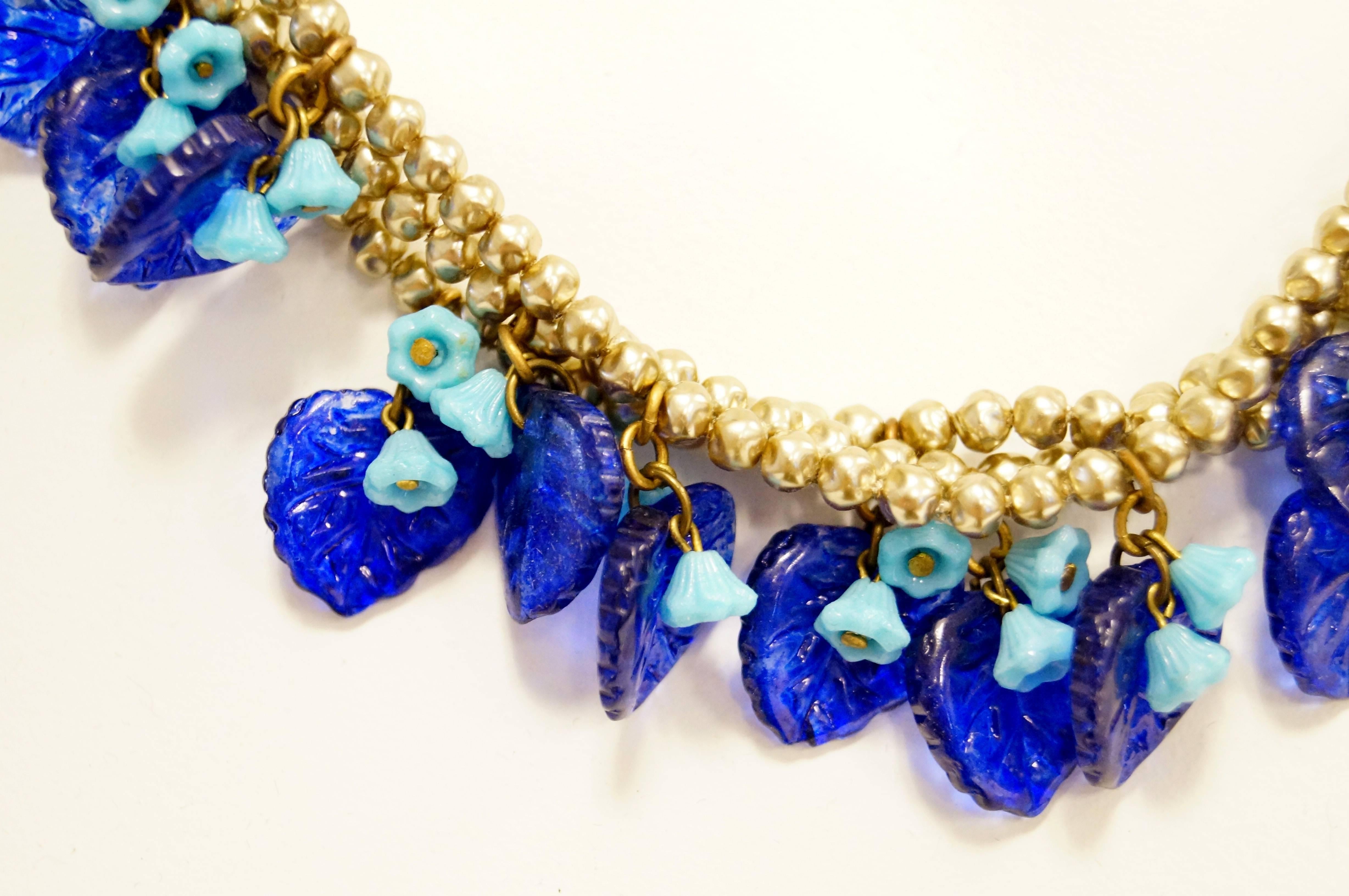 Mid Century Miriam Haskell Poured Art Glass Cobalt Flower Necklace In Excellent Condition In Houston, TX