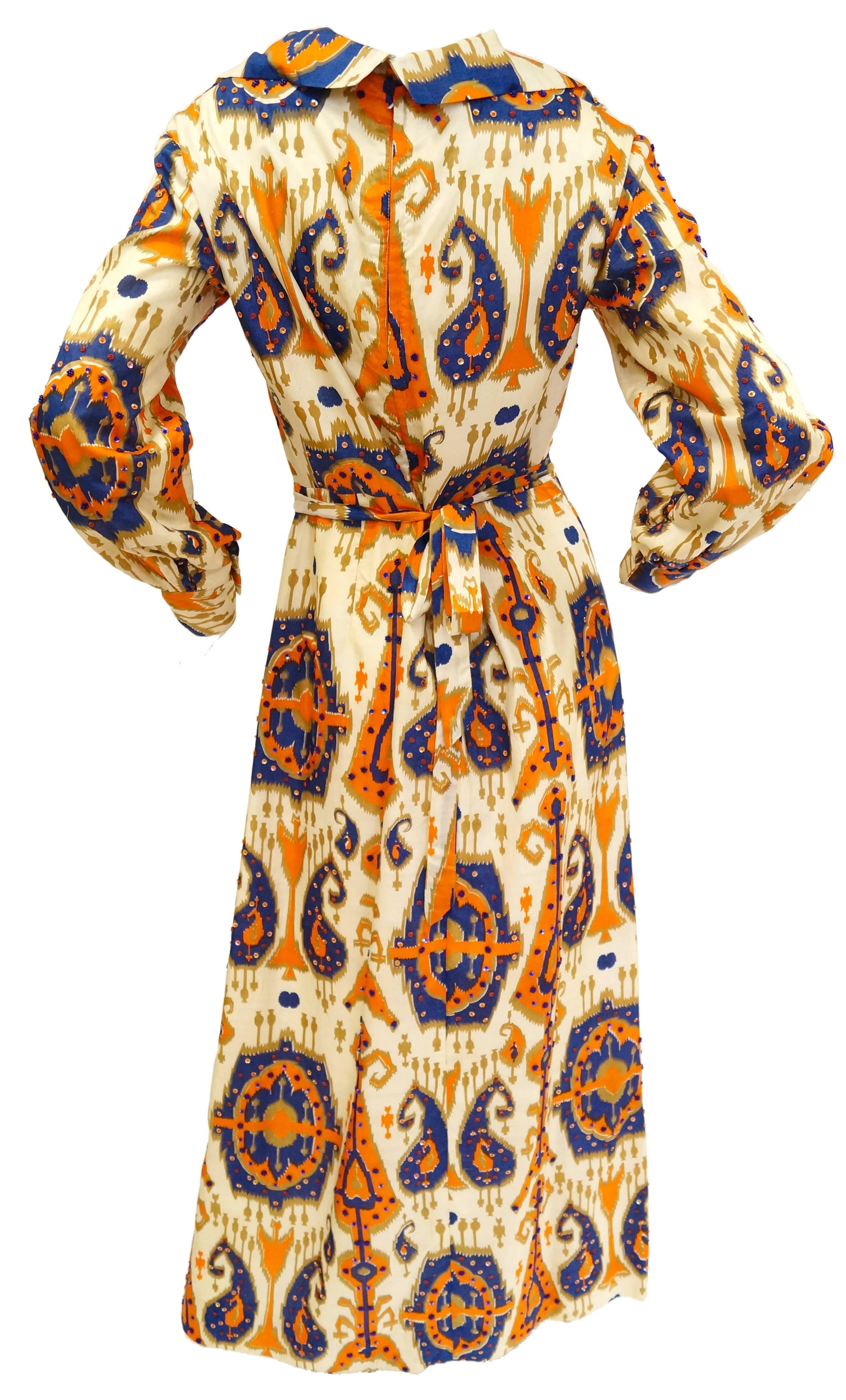 Orange Paisley Ikat Silk Beaded and Sequin Hostess Dress, 1970s  For Sale