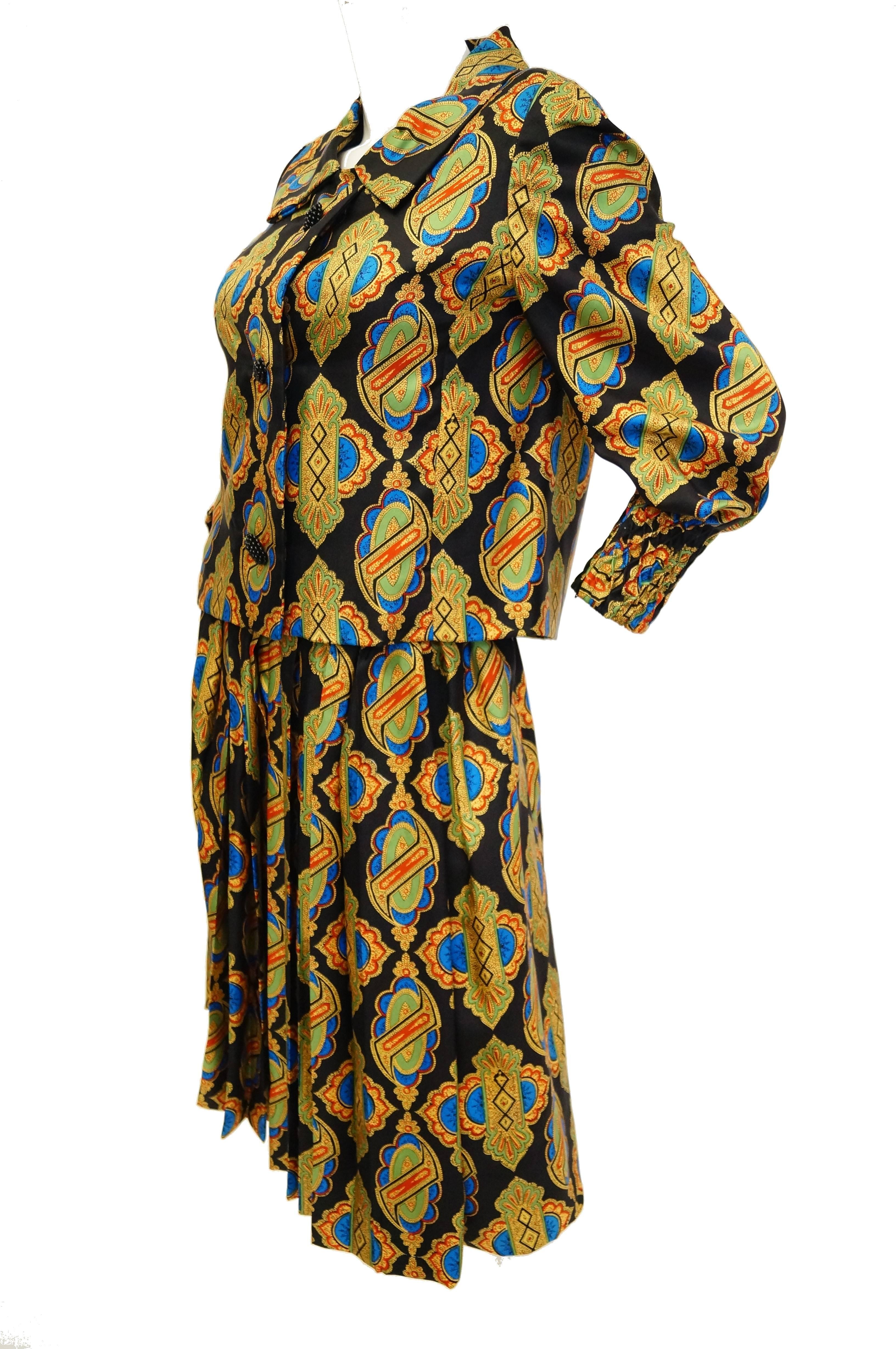 1970s Galanos Venetian Print Silk Skirt Suit In Excellent Condition For Sale In Houston, TX