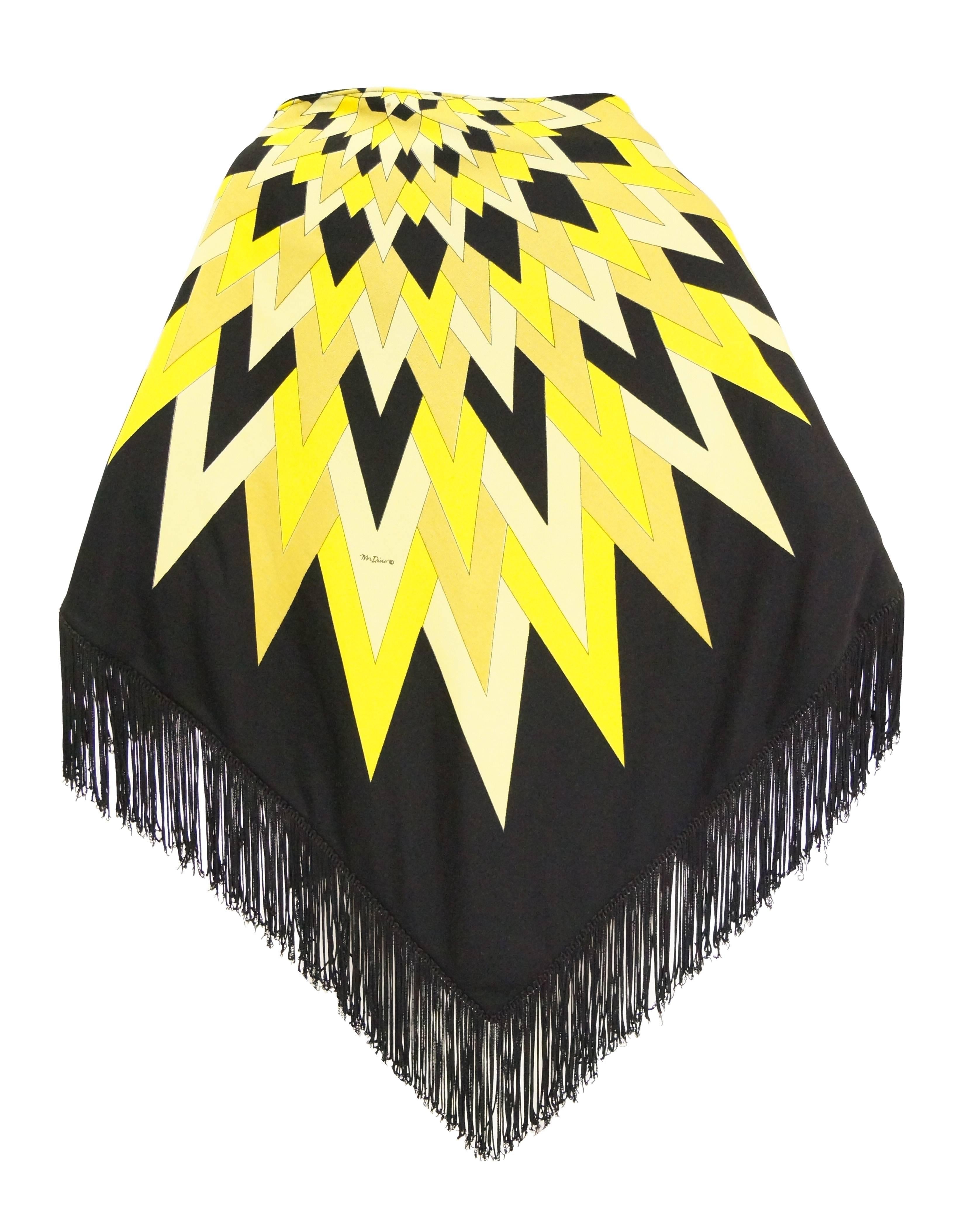 Black Mr Dino Op Art Sun Burst Sheath Skirt and Fringe Shawl, 1960s 