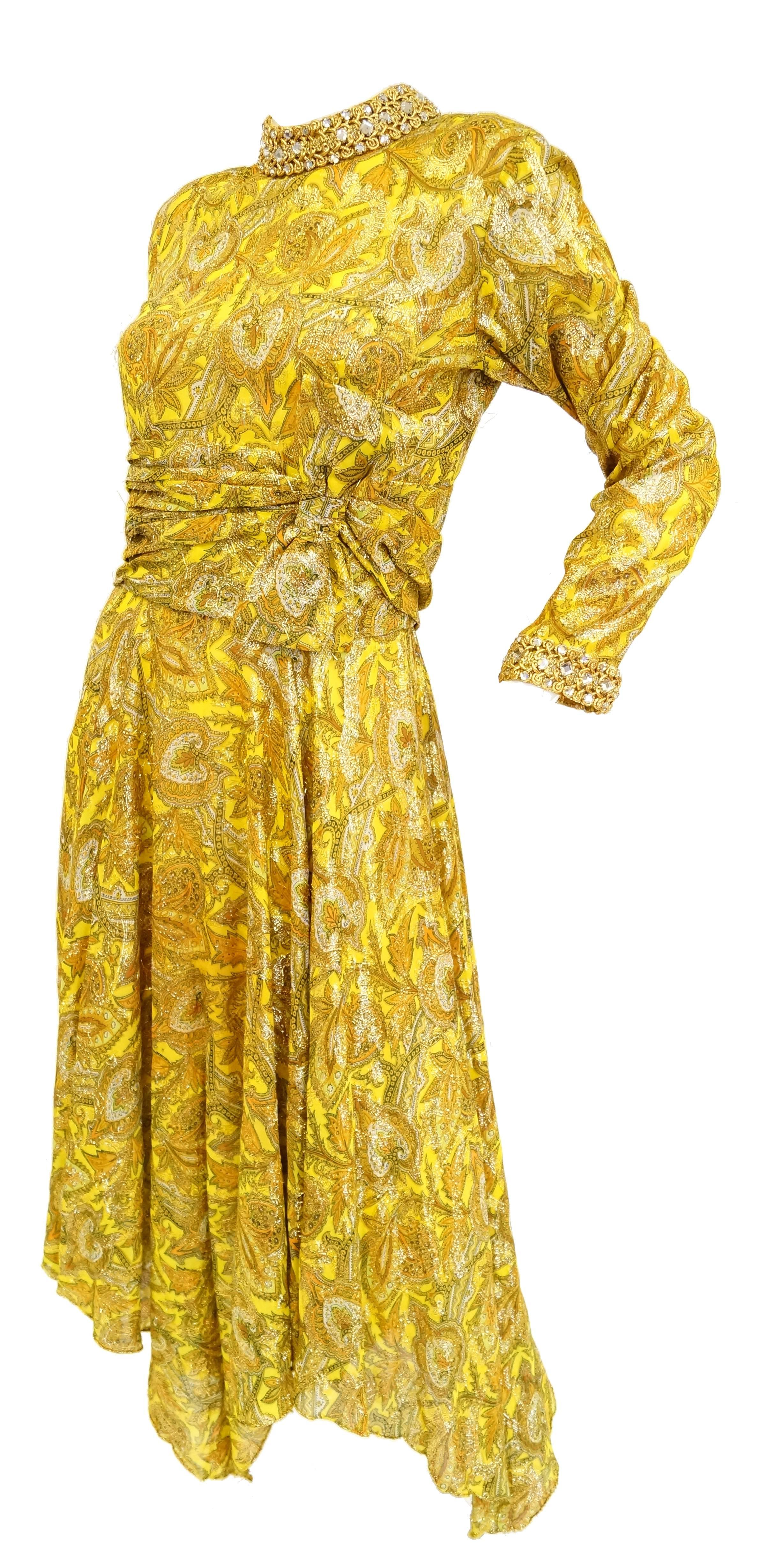 Brown 1960s Metallic Mod Dress w/ Rouching & Rhinestone Details