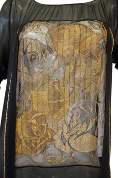 1920s Black and Gold Rose Lame Sheer Evening Dress