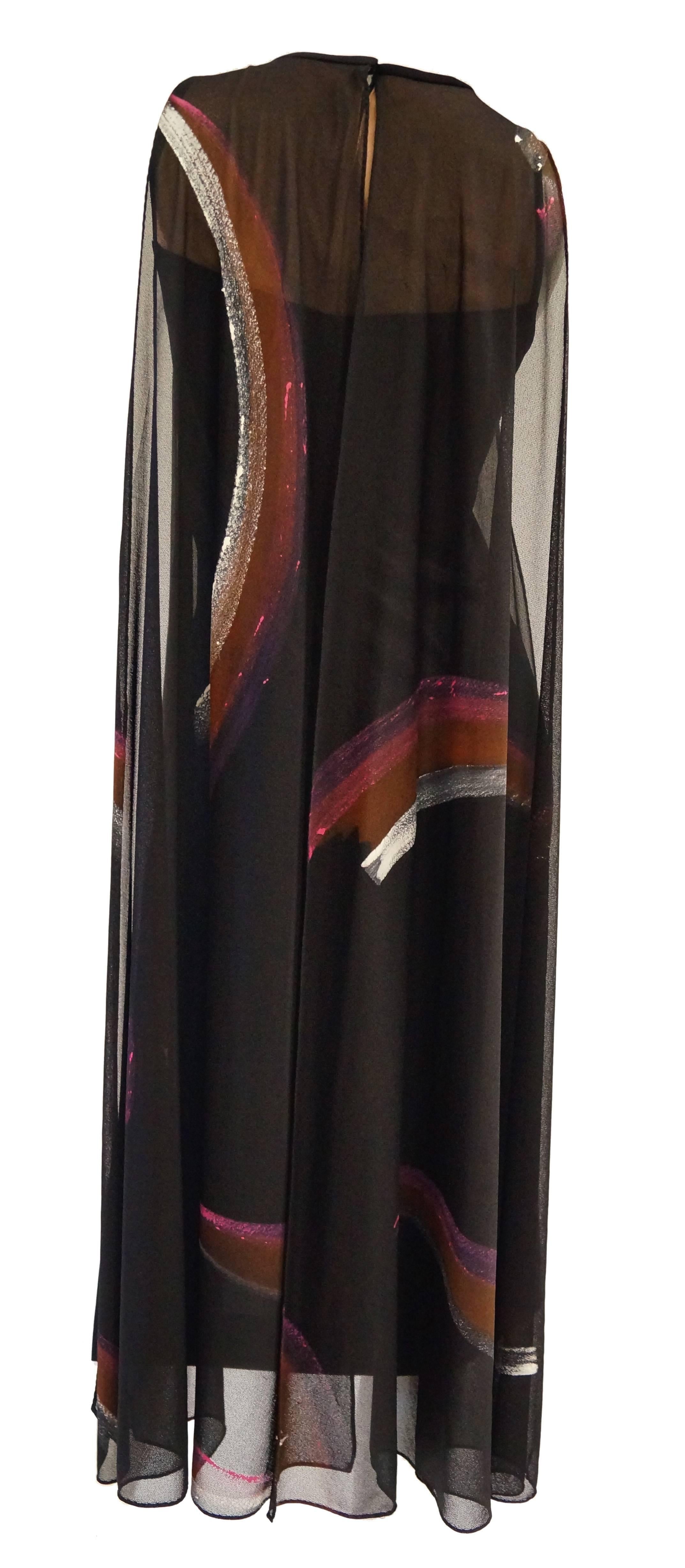 Early 1970s Lilli Diamond Hand Painted Brushstroke & Flutter Cocktail Dress In Excellent Condition In Houston, TX