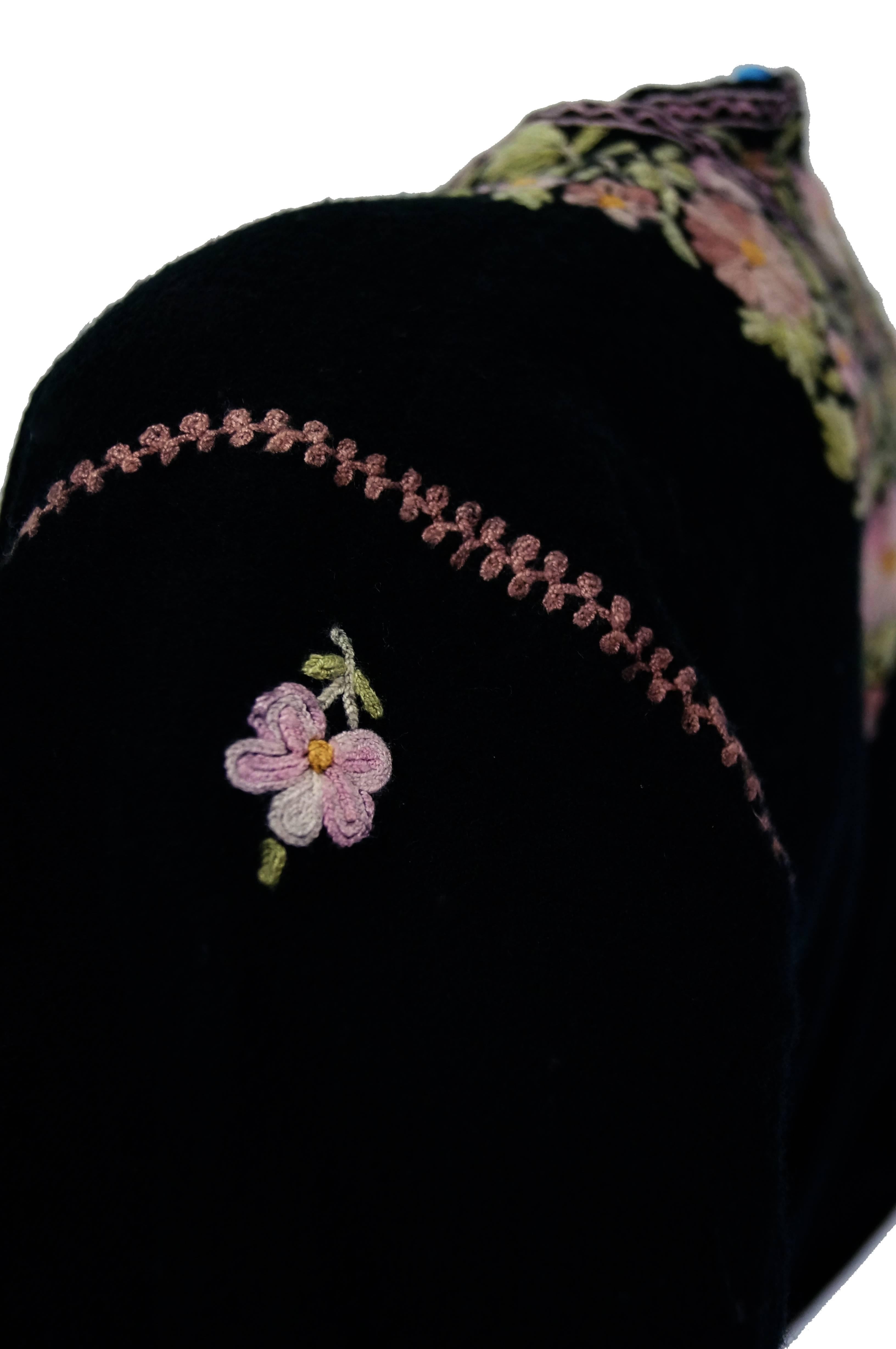 Black Vintage Kashmiri Crewel Embroidered Wool Coat 