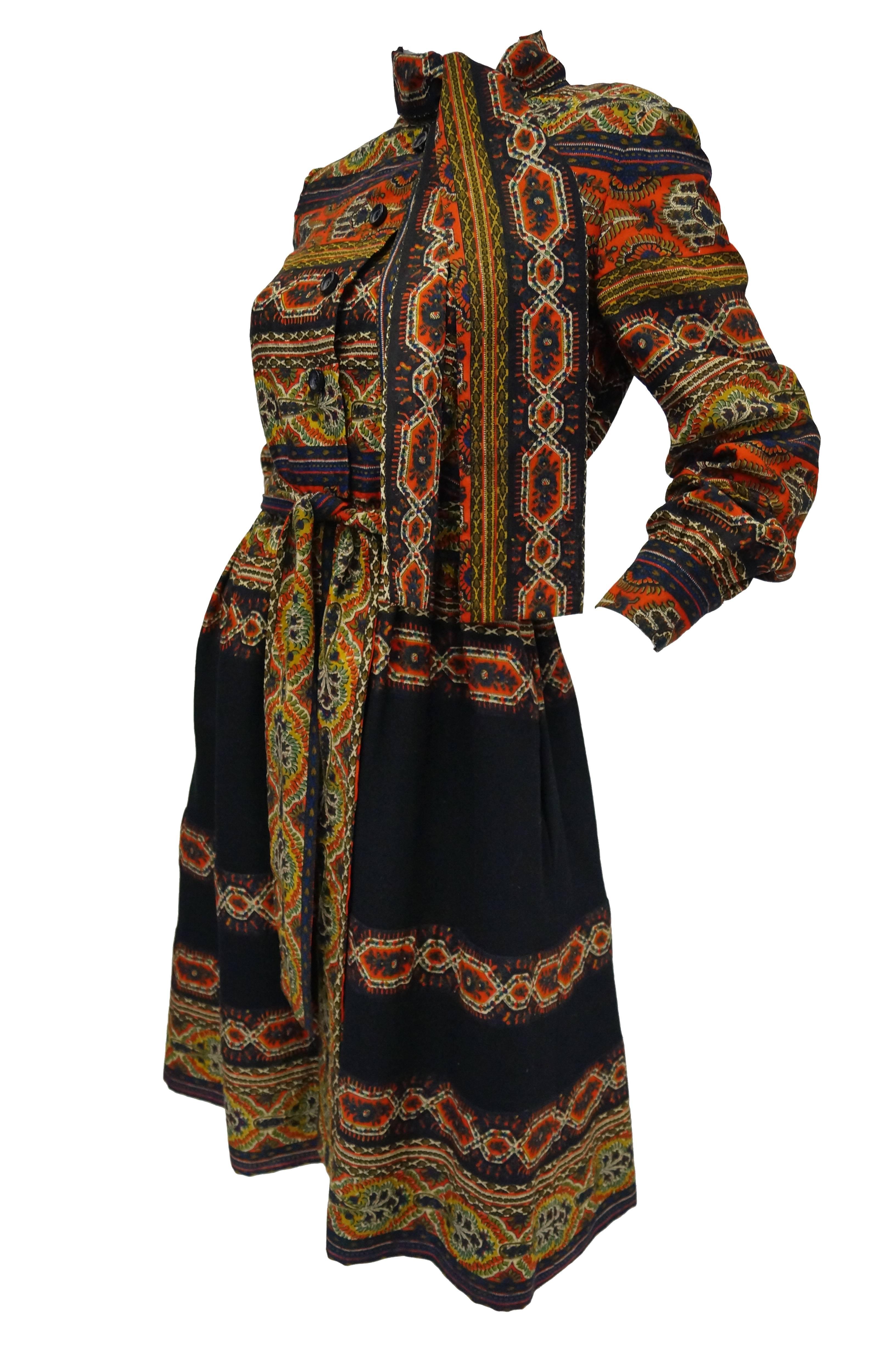 Black Oscar de la Renta Ethnic Print Wool Dress, 1960s 
