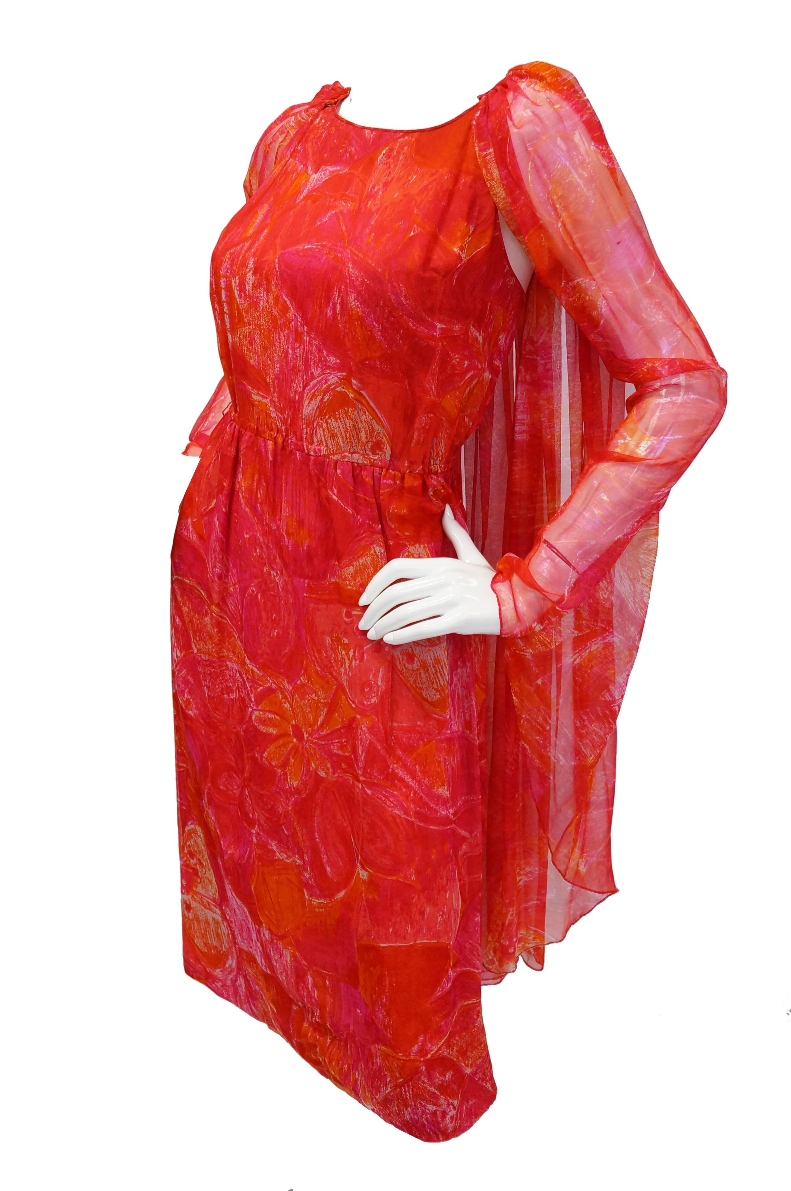 1960s Pierre Cardin Cerise Silk Dress and Cape For Sale 2