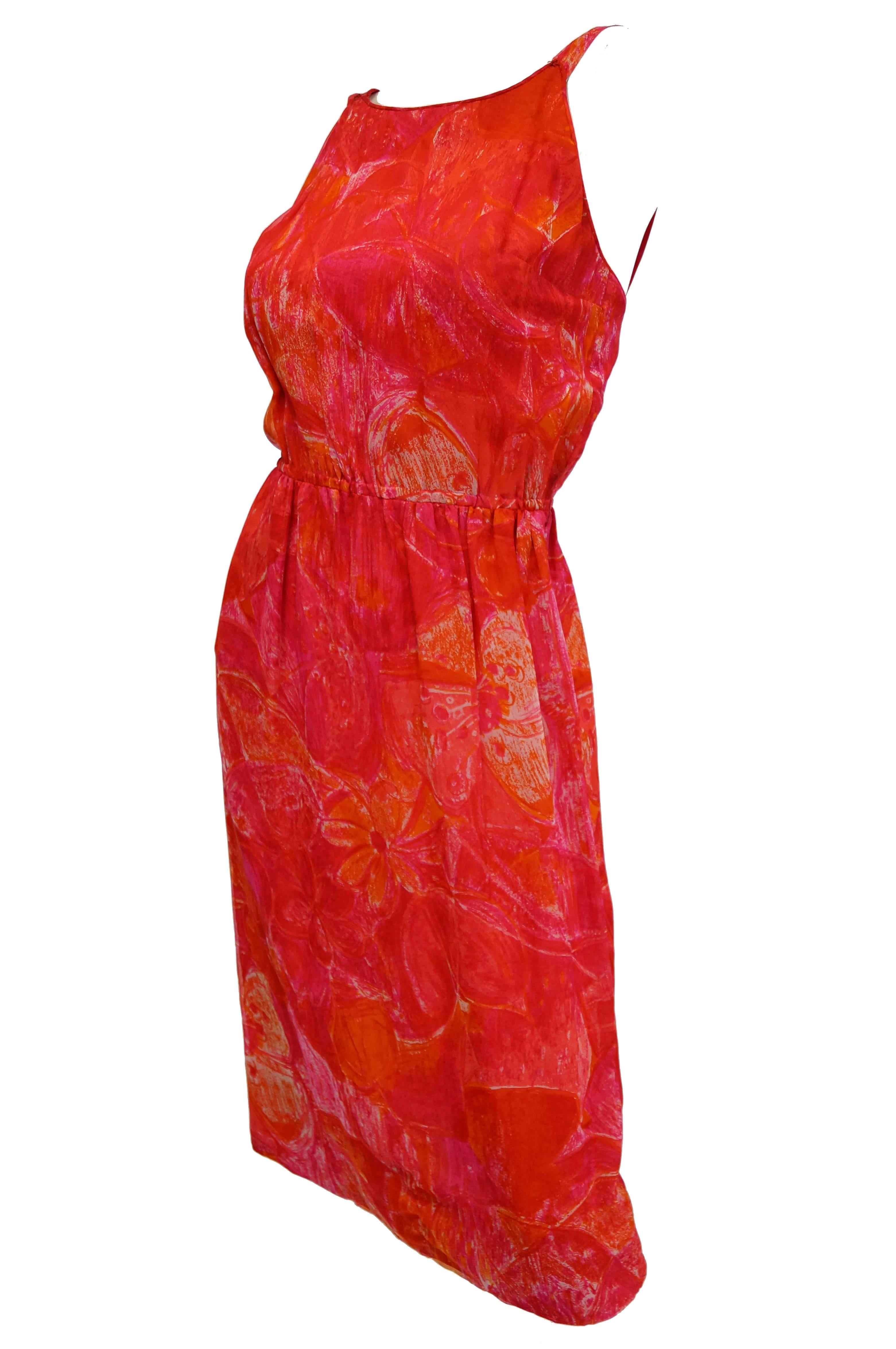 Red 1960s Pierre Cardin Cerise Silk Dress and Cape For Sale