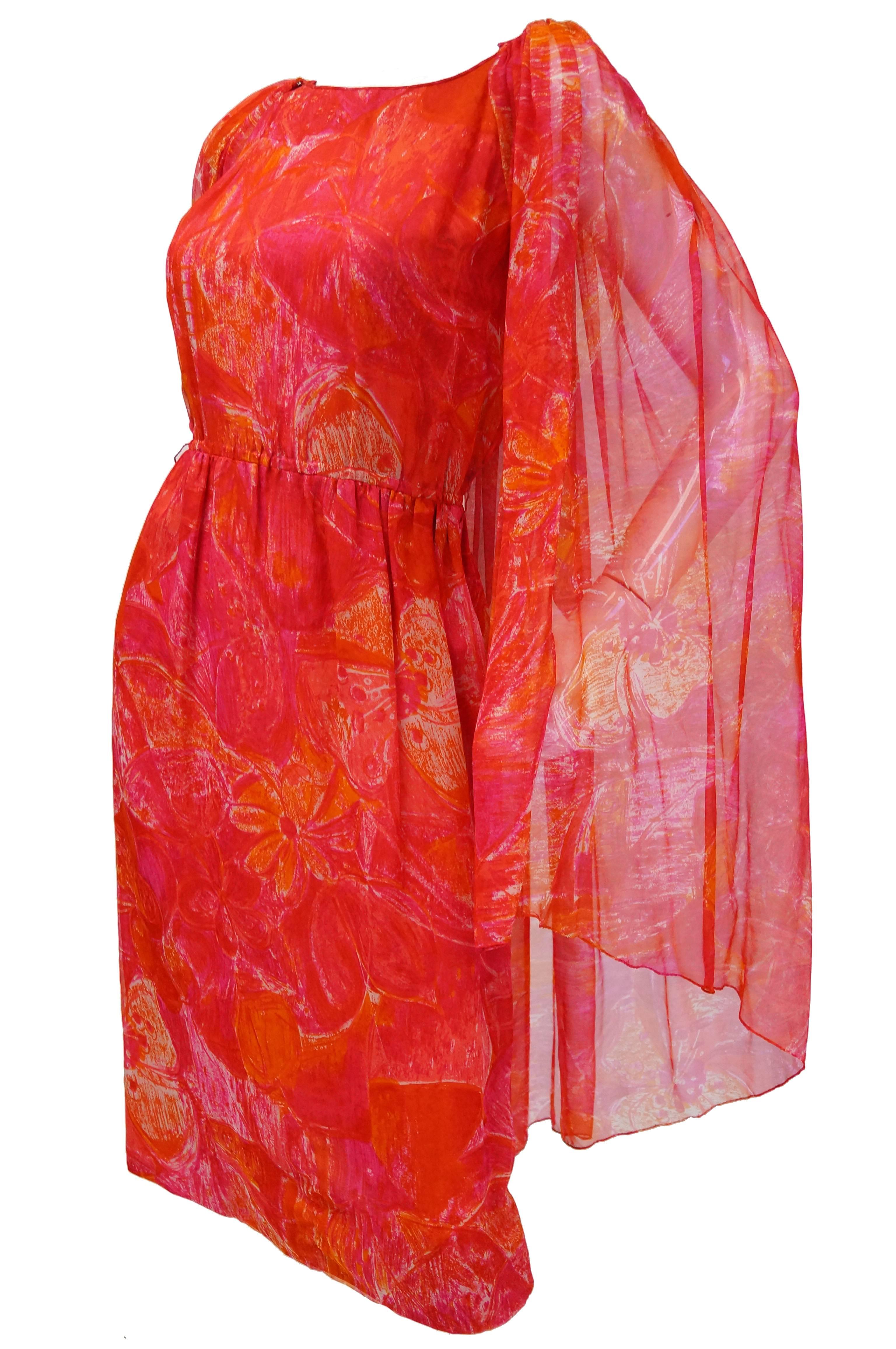 1960s Pierre Cardin Cerise Silk Dress and Cape In Excellent Condition For Sale In Houston, TX