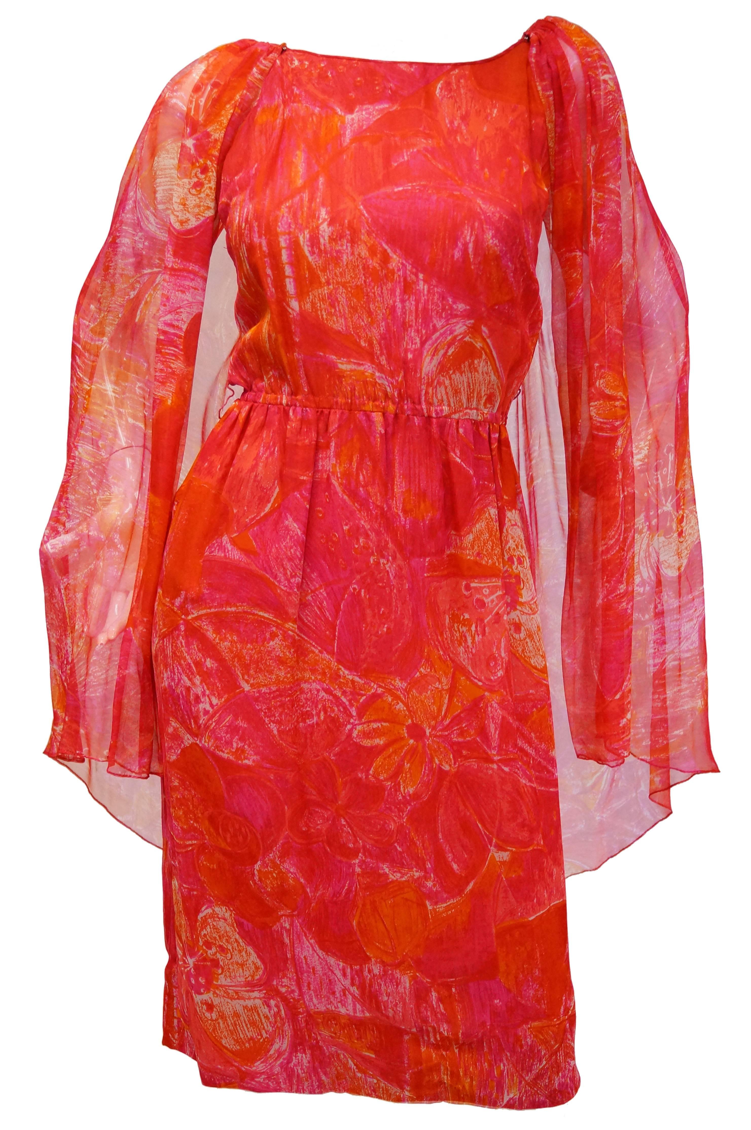 Red 1960s Pierre Cardin Cerise Silk Dress and Cape For Sale