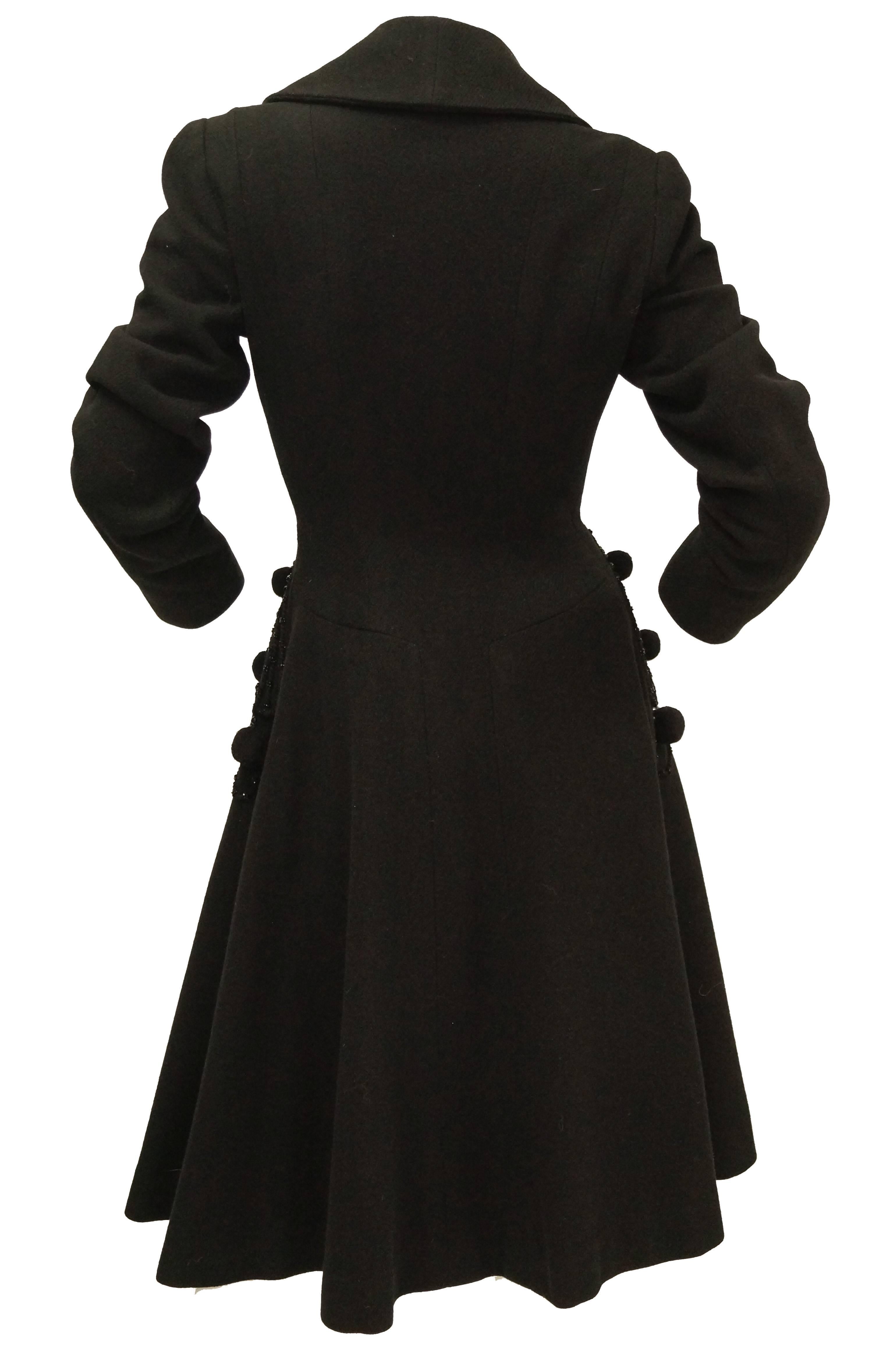 Black Rare 1940s Agnes - Drecoll Beaded Pompom Princess Coat