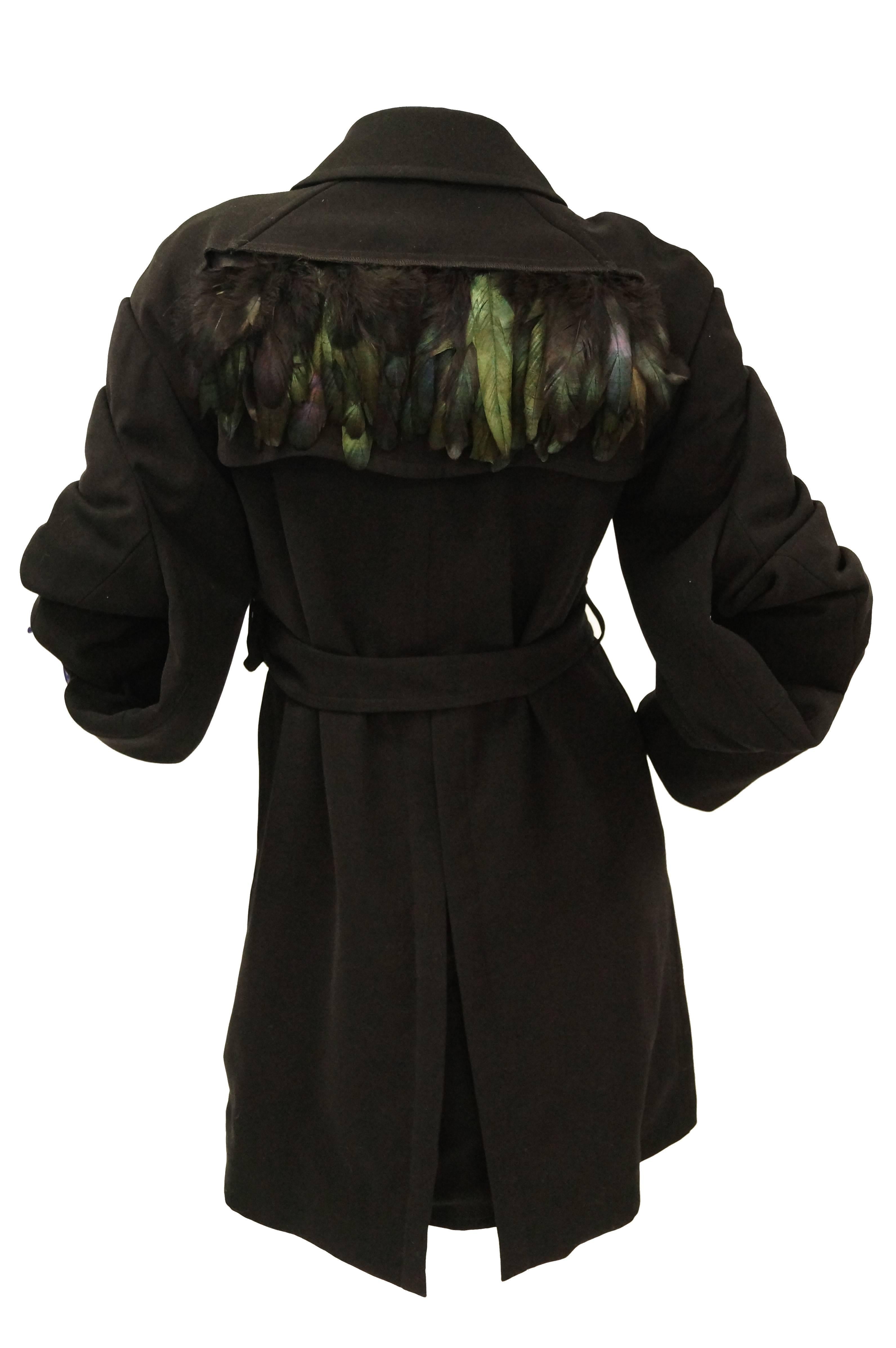 2000s Comme des Garçons Black Knit Trench Coat with Rooster Feather Detail In Excellent Condition In Houston, TX