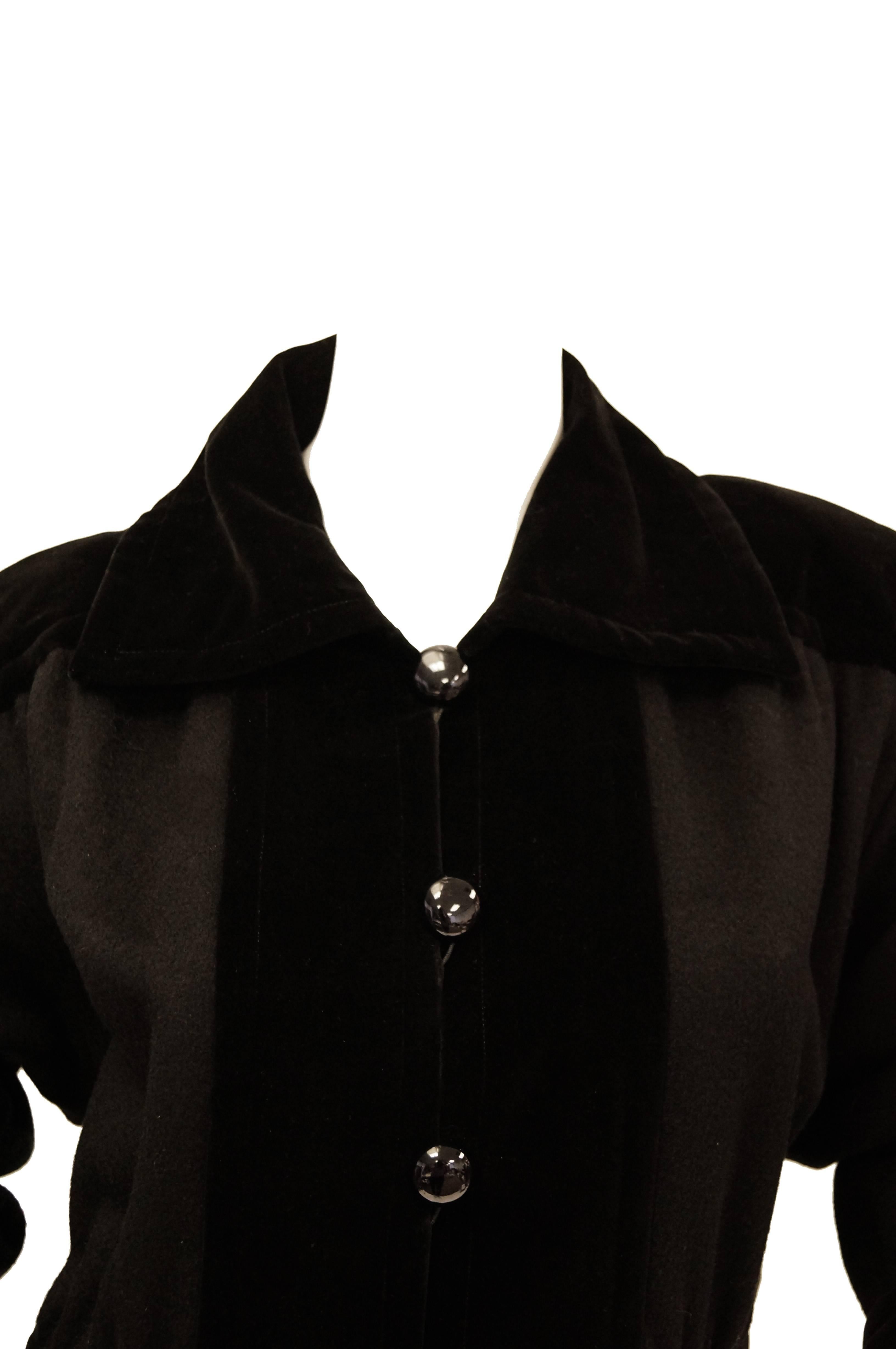 Women's Yves Saint Laurent Russian Collection Wool with Velvet Black Coat L/XL, 1970s  For Sale