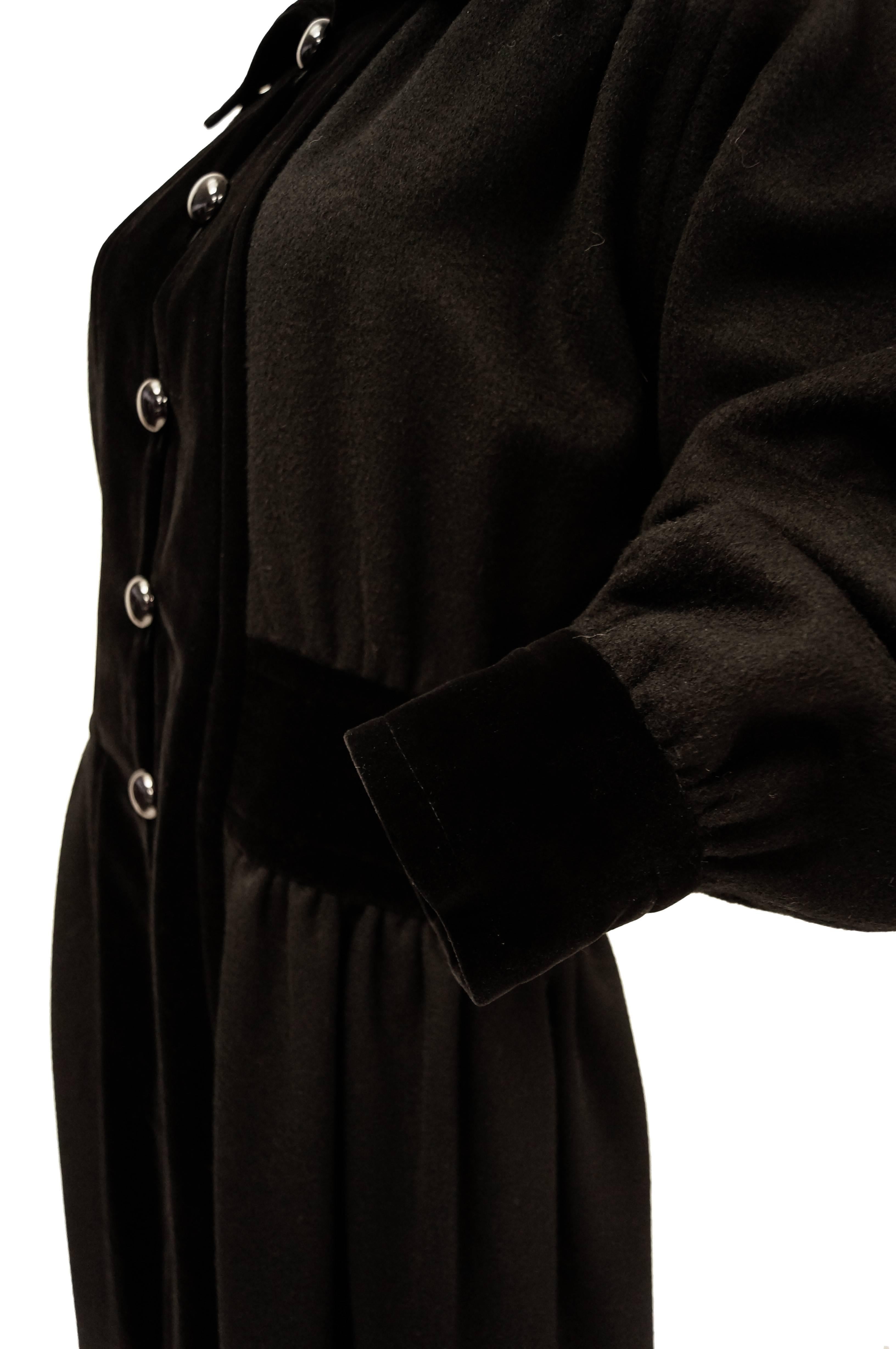 Yves Saint Laurent Russian Collection Wool with Velvet Black Coat L/XL, 1970s  For Sale 2