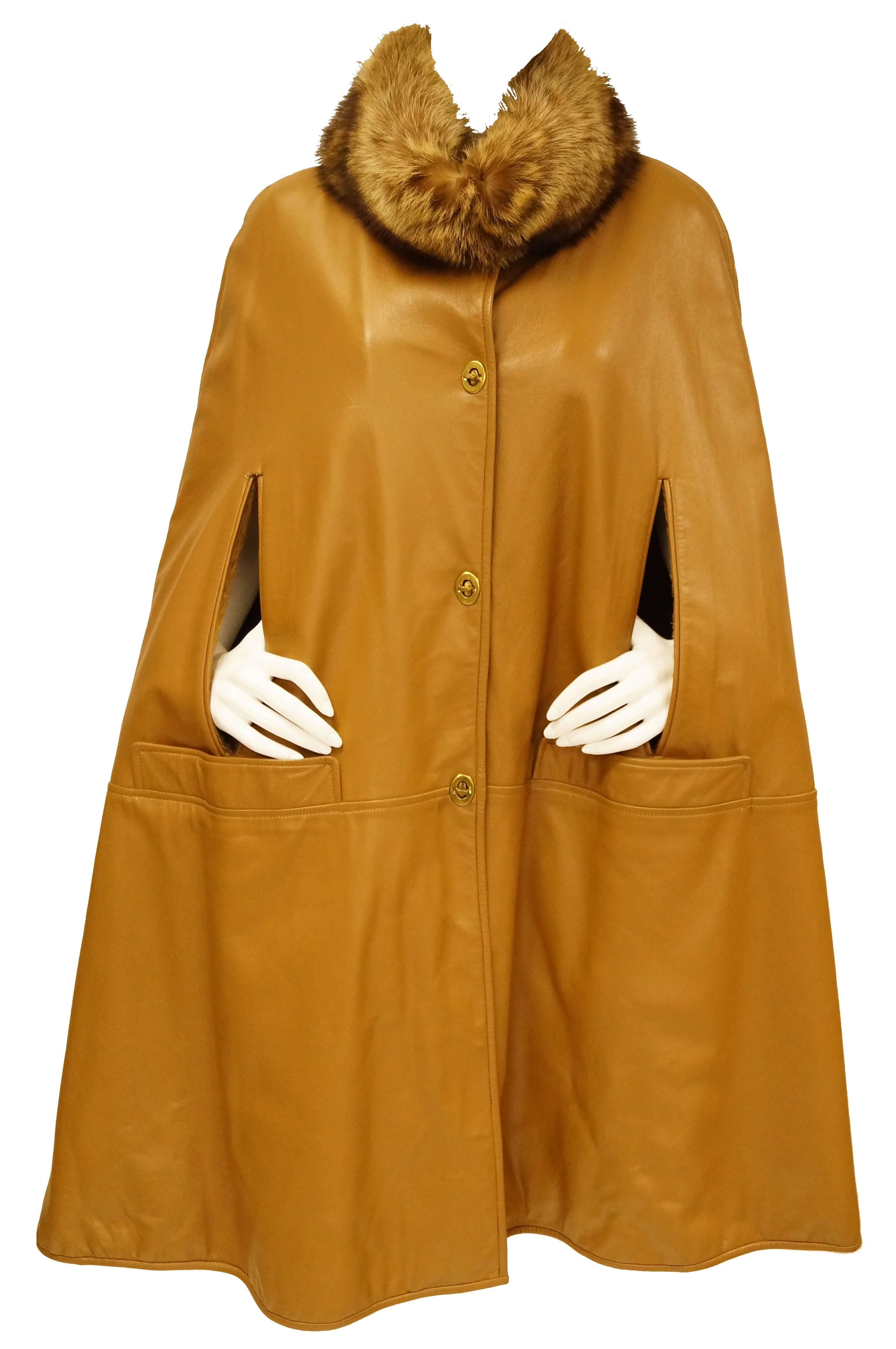 Orange Fabulous 1960s Bonnie Cashin Leather Cape w/ Fur Collar 