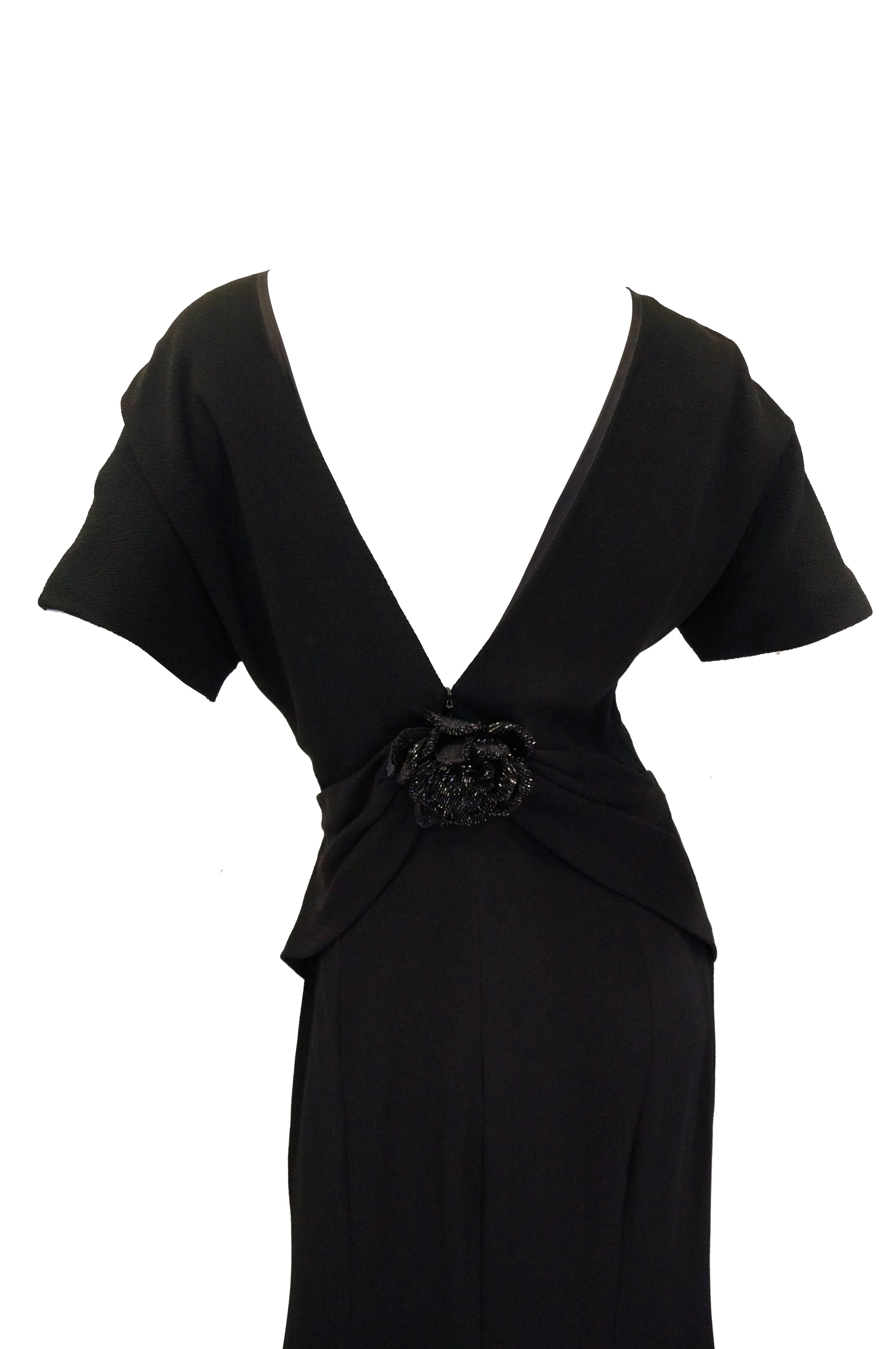 1990s NWT Carolina Herrera Black Plunge Back Evening Dress 10 For Sale 1