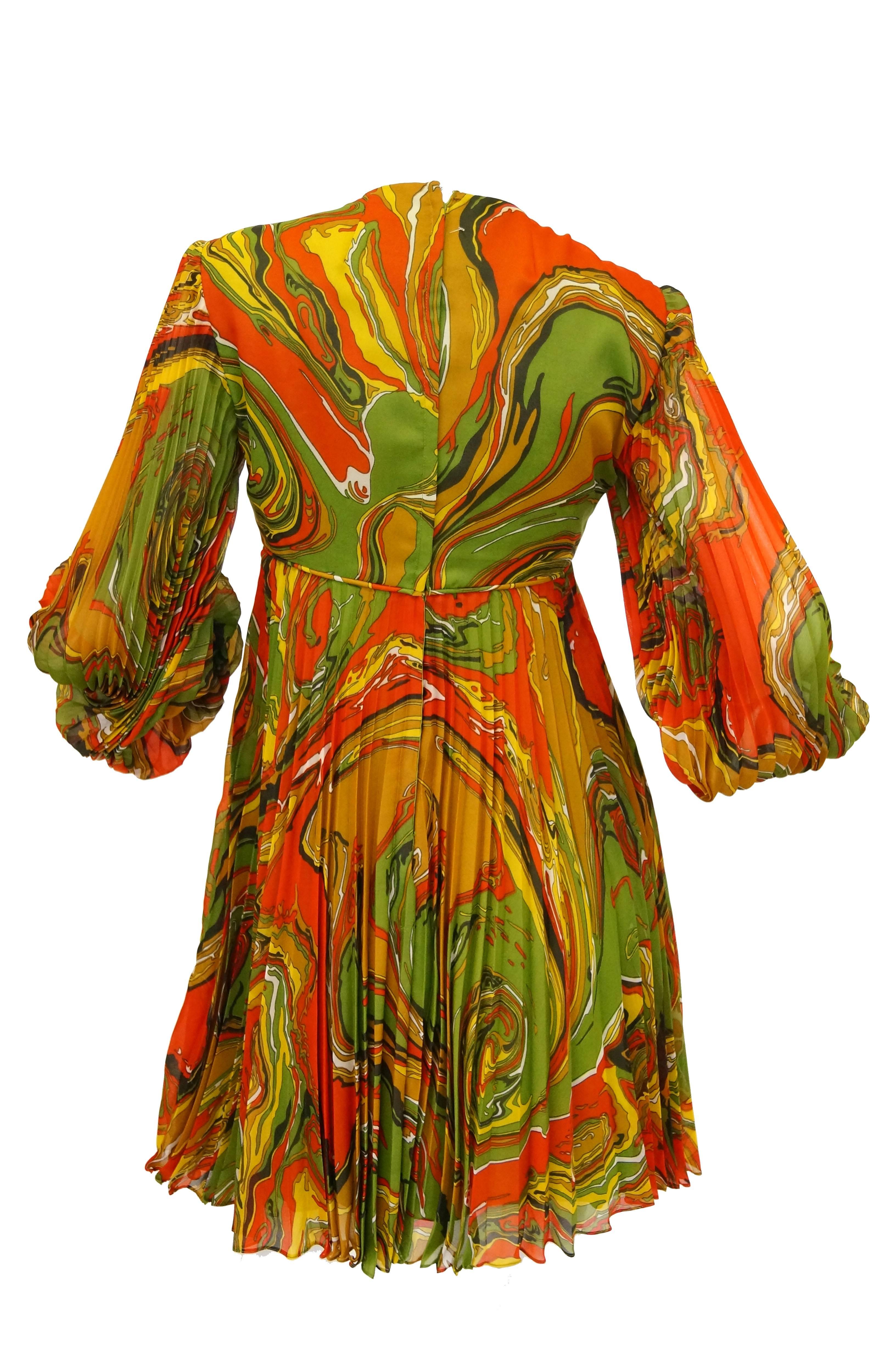 Brown Leo Narducci Multicolor Ebru Marbling Print Dress, 1960s  For Sale