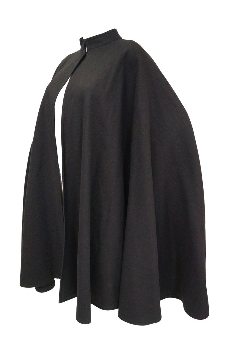1970s Yves Saint Laurent Mandarin Collar Black Wool Cape In Excellent Condition For Sale In Houston, TX