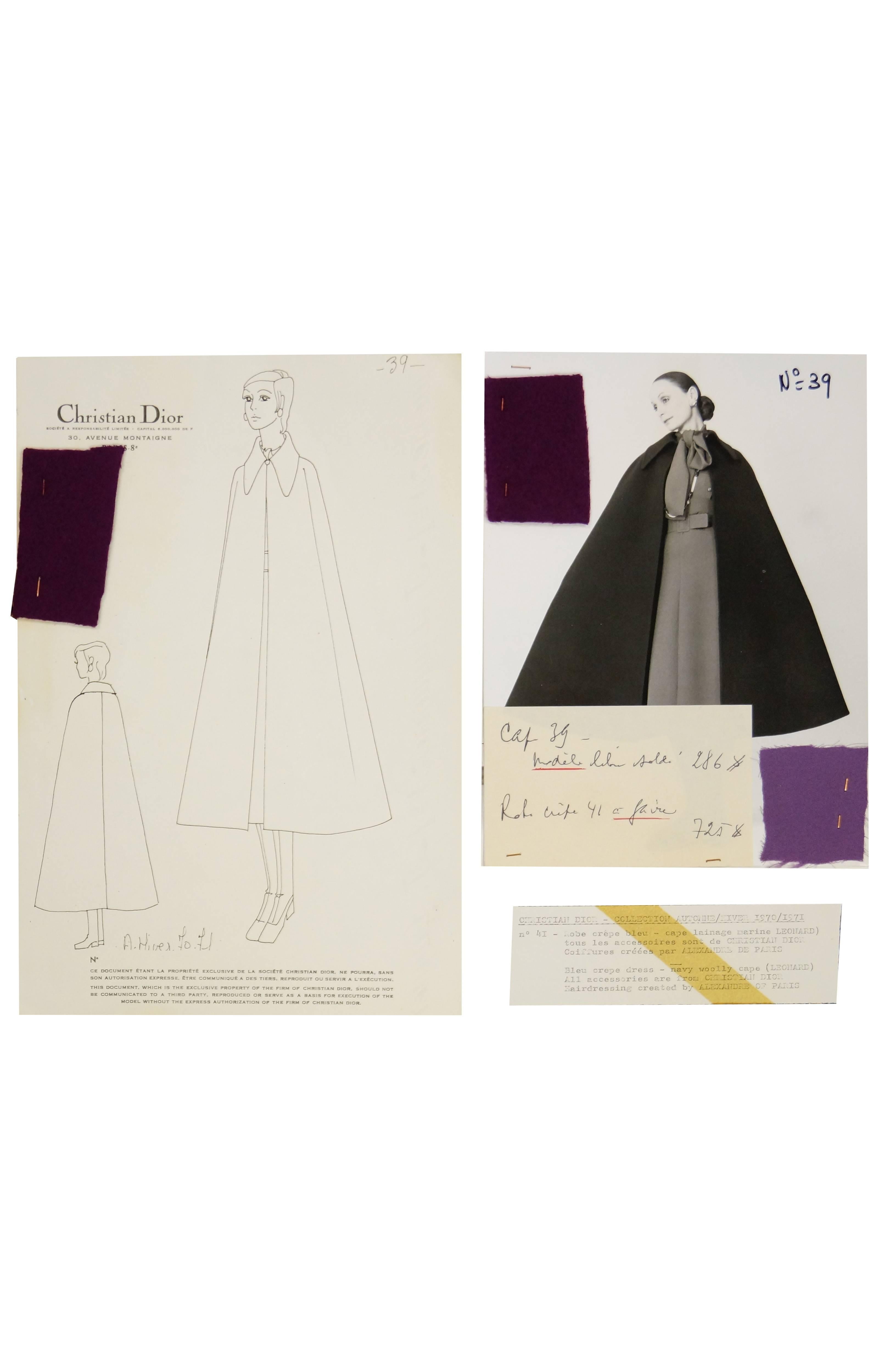Purple Christian Dior Marc Bohan Violet Wool Cape With Croquis and Photo, 1971 