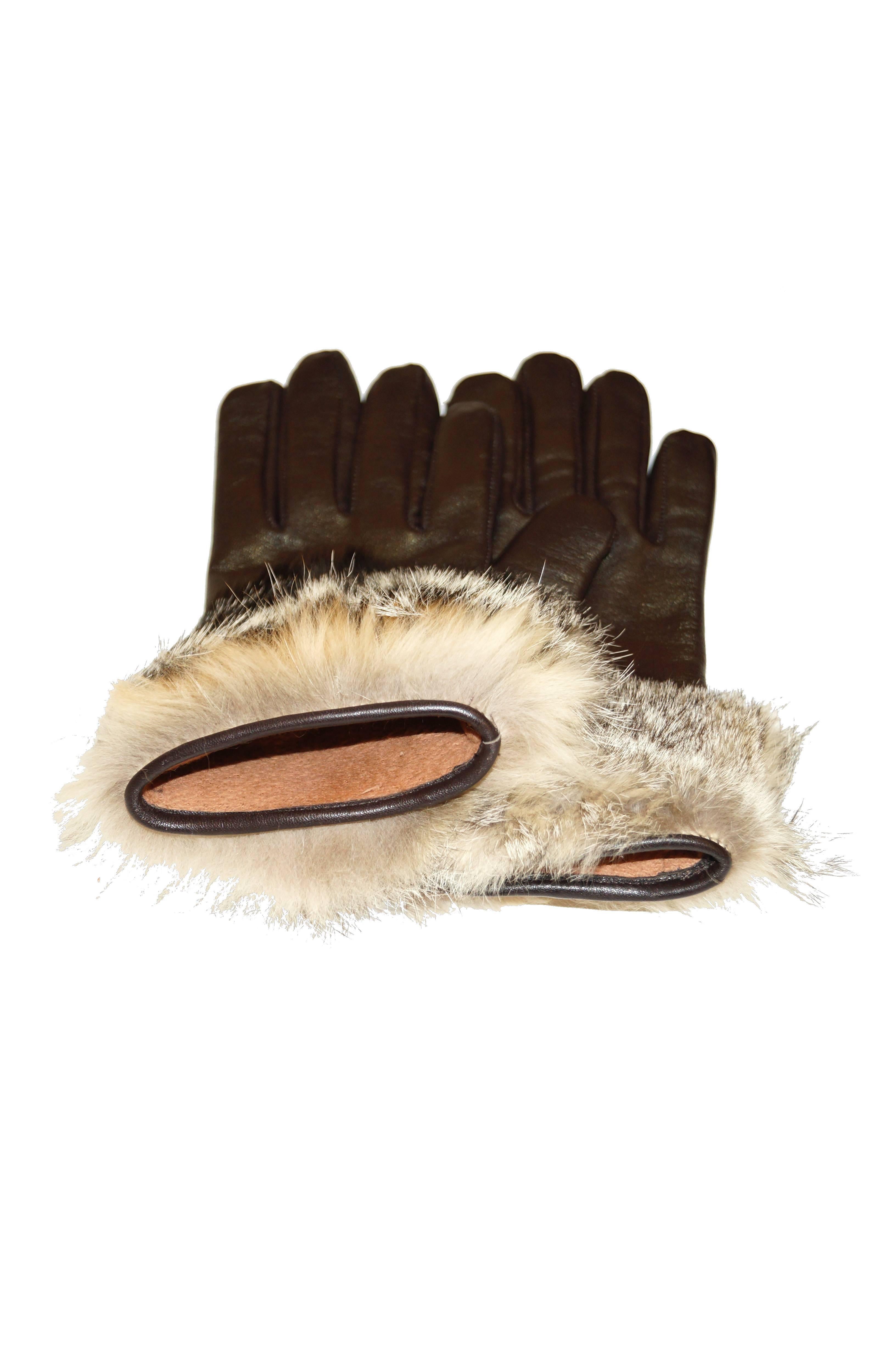 Women's Vintage Italian Brown Leather Gloves with Fur Cuffs