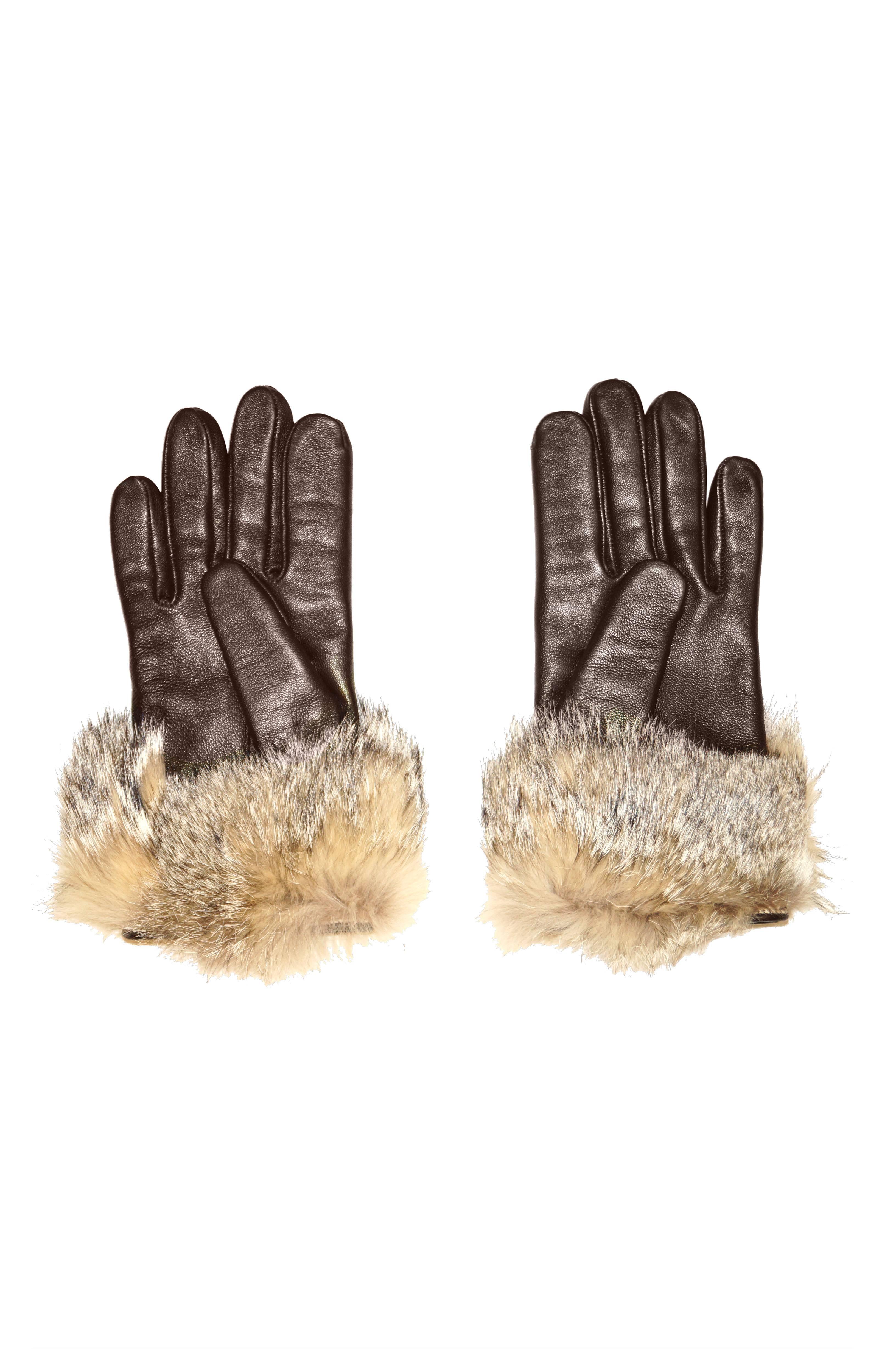 Beige Vintage Italian Brown Leather Gloves with Fur Cuffs