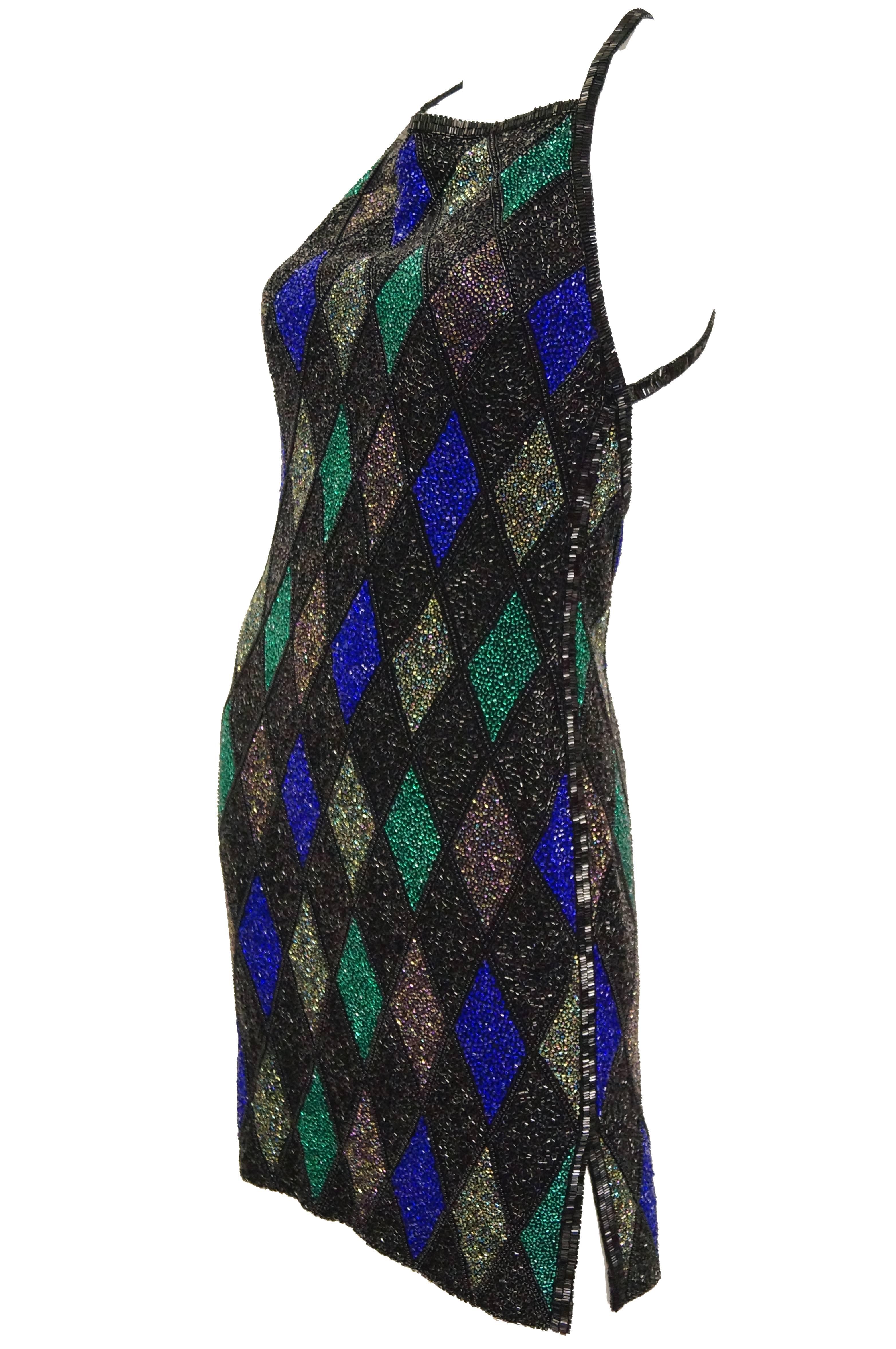 Women's Bob Mackie Beaded Black Blue and Green Diamond Cocktail Dress Size 6, 1990s