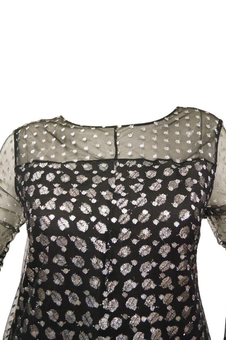 1990s Geoffrey Beene Black and Silver Metallic Polka Dot Dress 6-8 For Sale 1