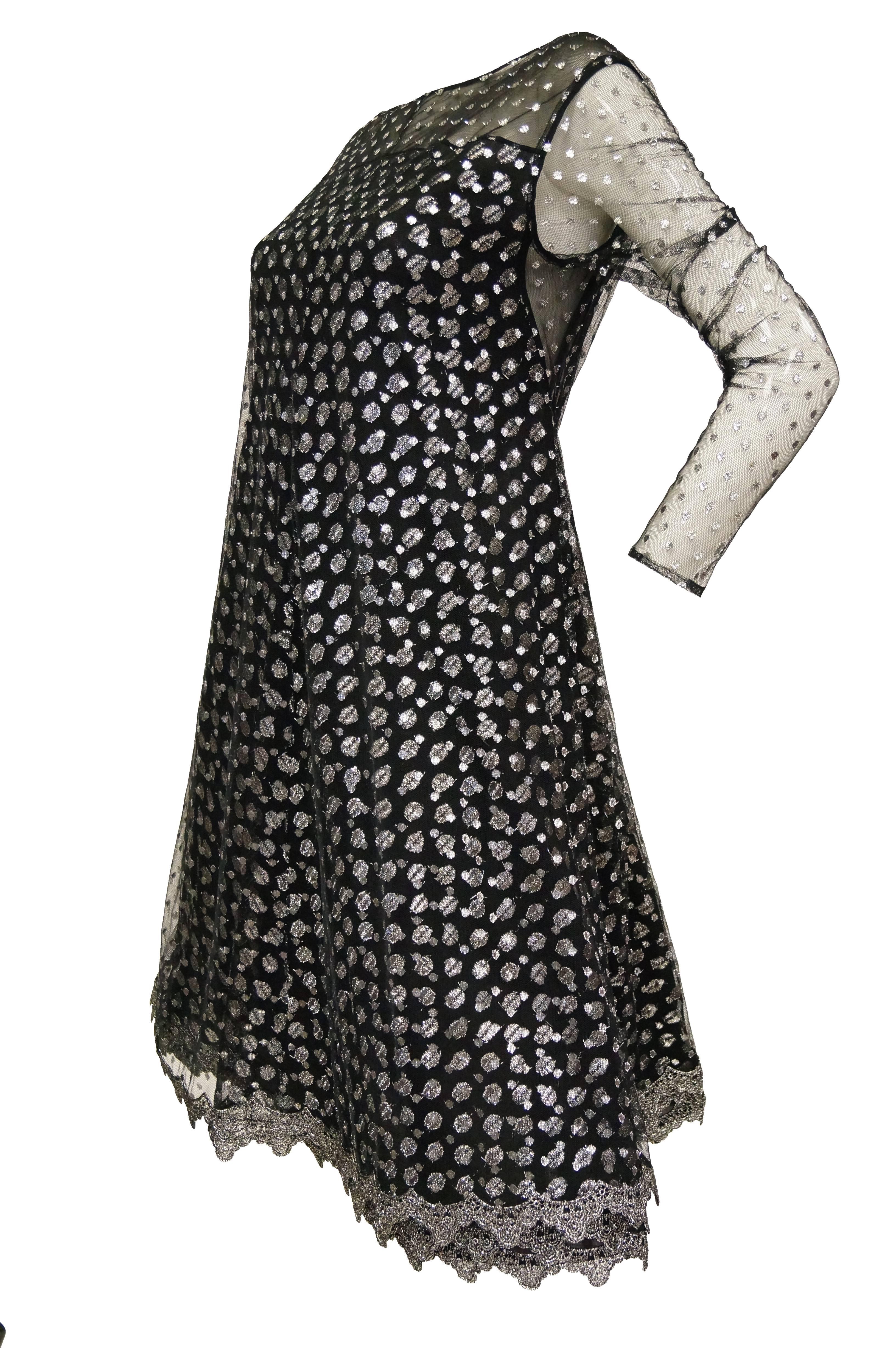 1990s Geoffrey Beene Black and Silver Metallic Polka Dot Dress 6-8 For Sale 3