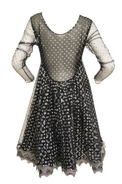 1990s Geoffrey Beene Black and Silver Metallic Polka Dot Dress 6-8