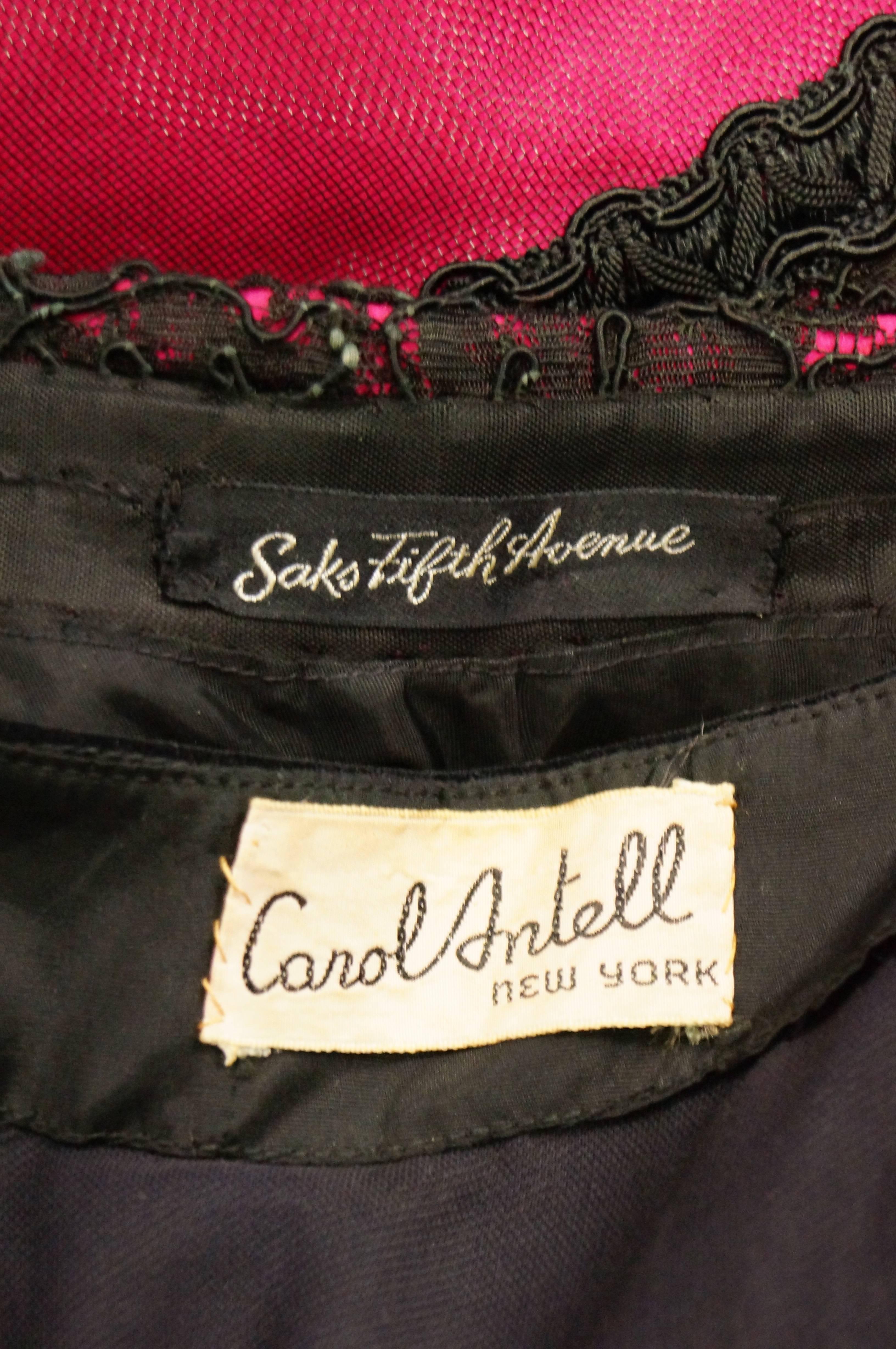 1950s Carol Antell Fuchsia Silk and Black Lace w/ Velvet Skirt and Halter For Sale 2