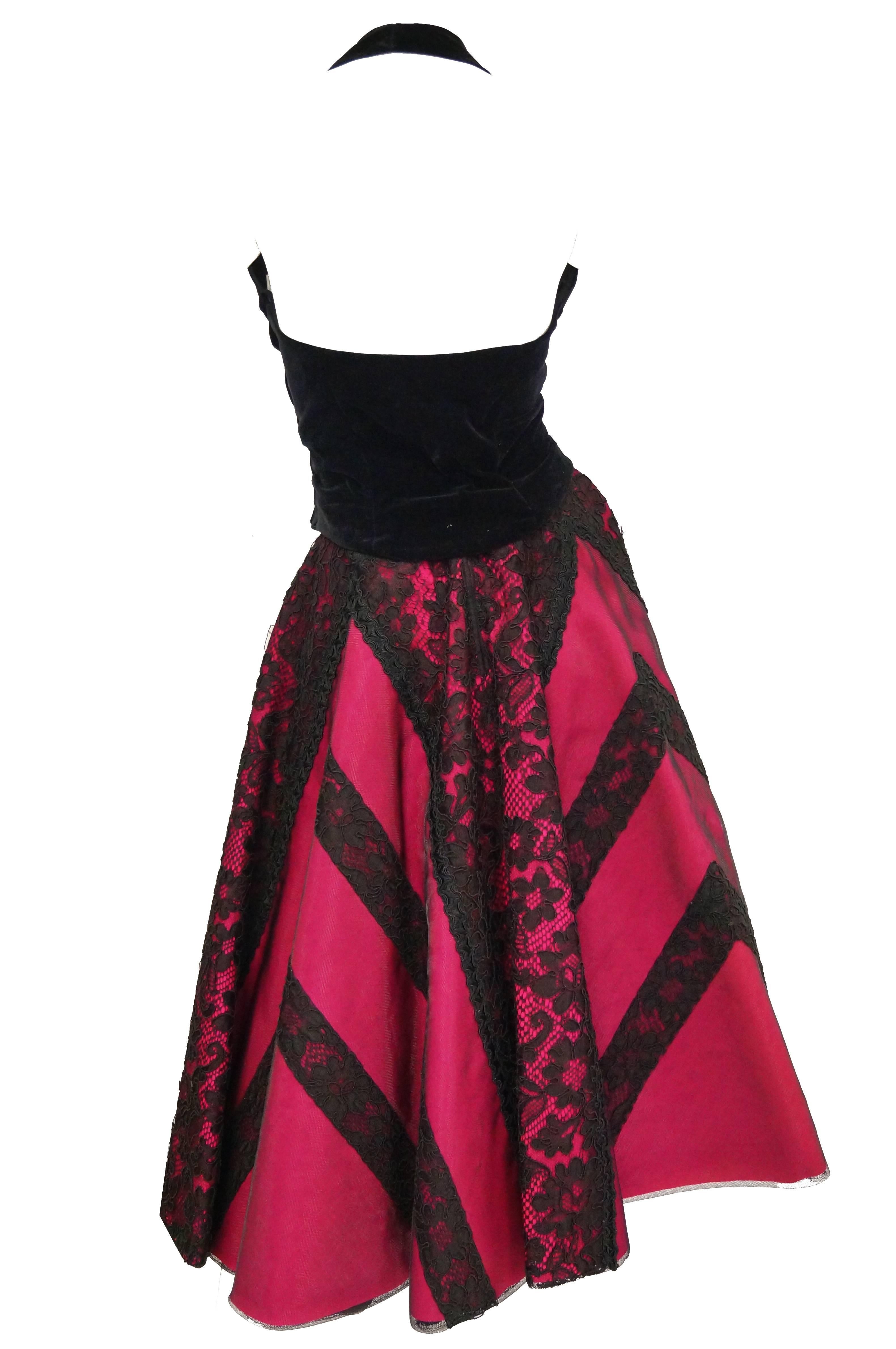 1950s Carol Antell Fuchsia Silk and Black Lace w/ Velvet Skirt and Halter For Sale 1