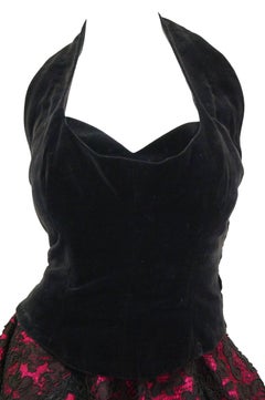 1950s Carol Antell Fuchsia Silk and Black Lace w/ Velvet Skirt and Halter