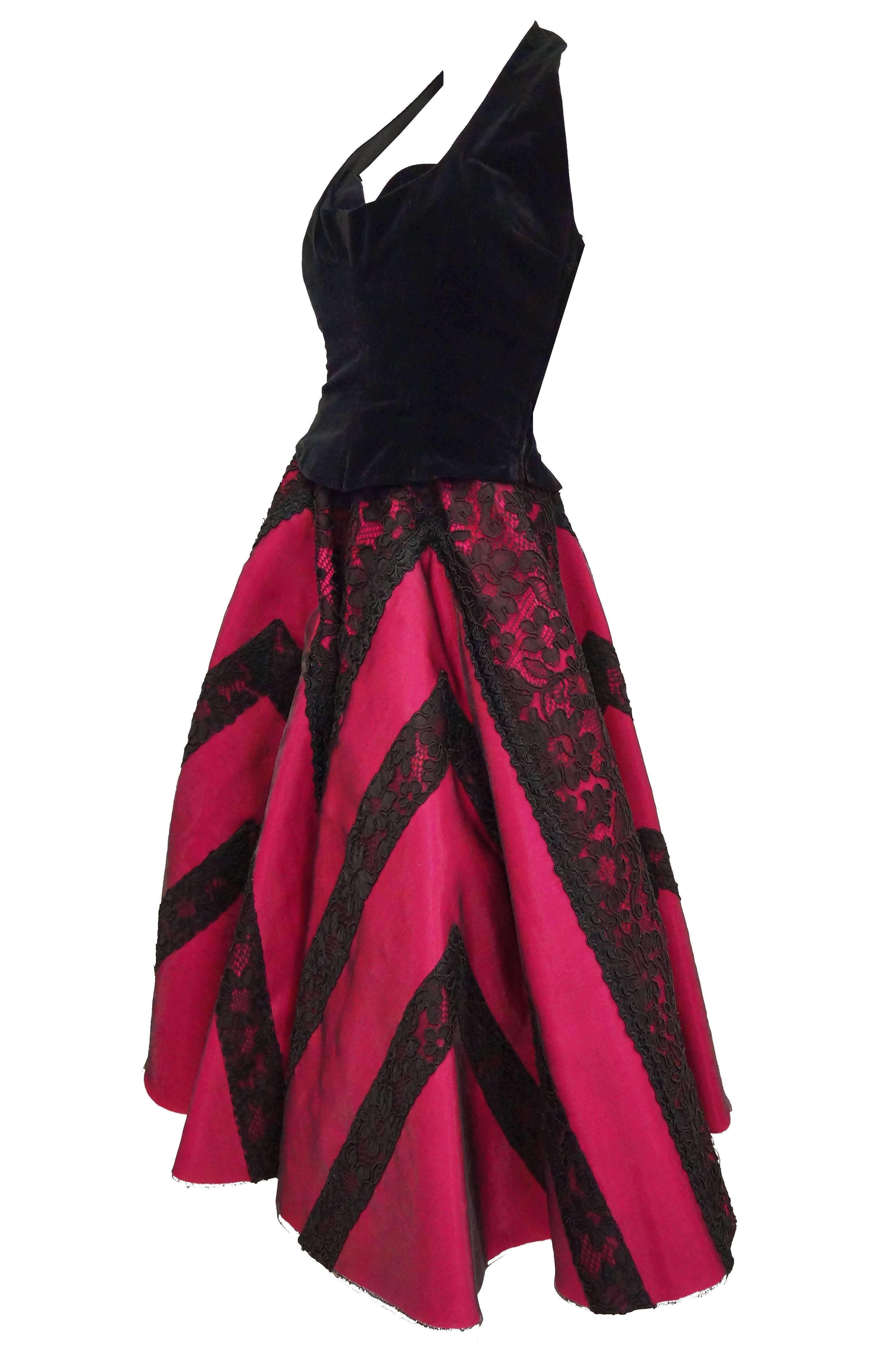 Women's 1950s Carol Antell Fuchsia Silk and Black Lace w/ Velvet Skirt and Halter For Sale
