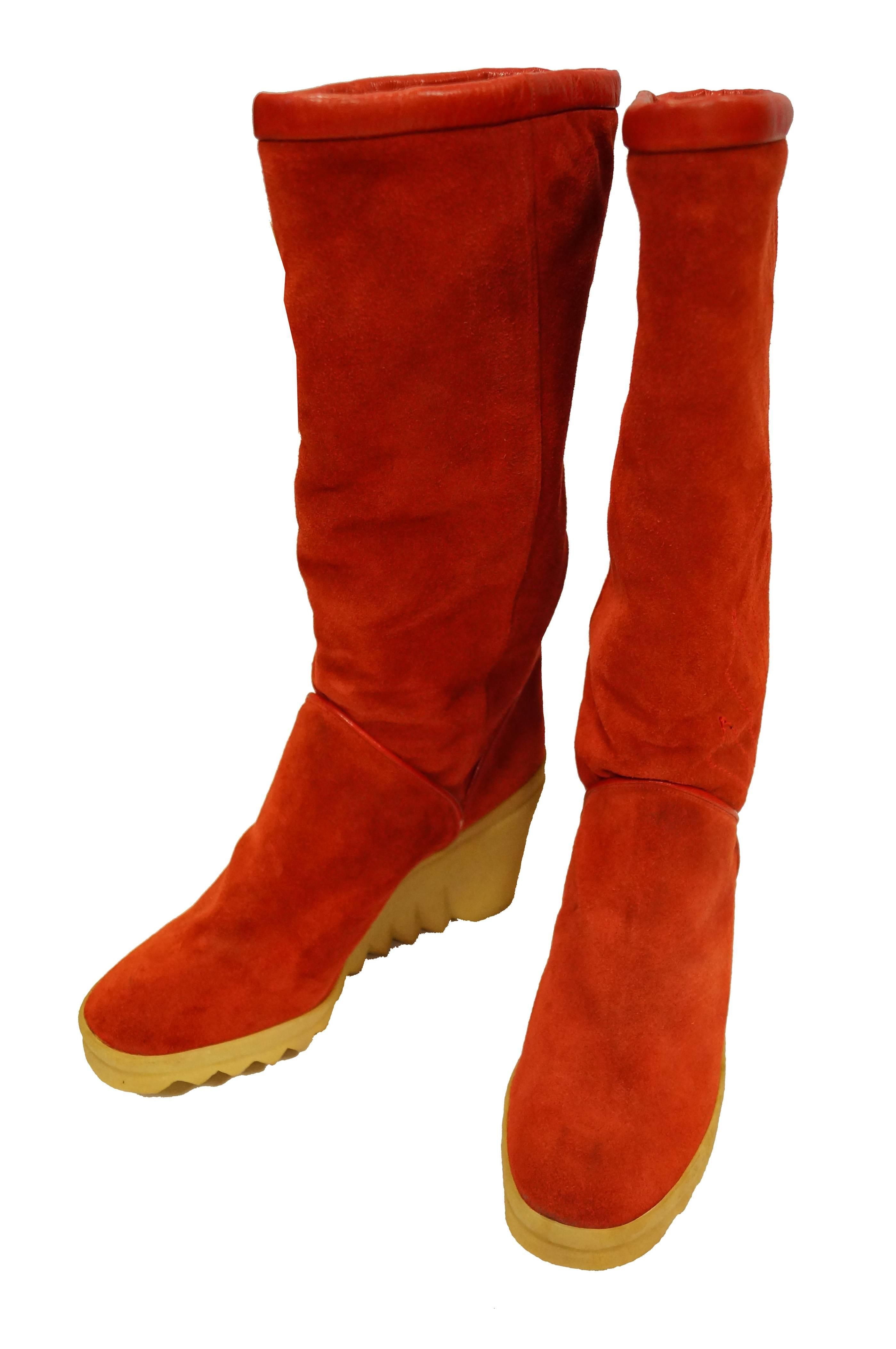 Women's or Men's Charles Jourdan Red Suede Wedge Sunrise Stitch Boots, 1970s For Sale