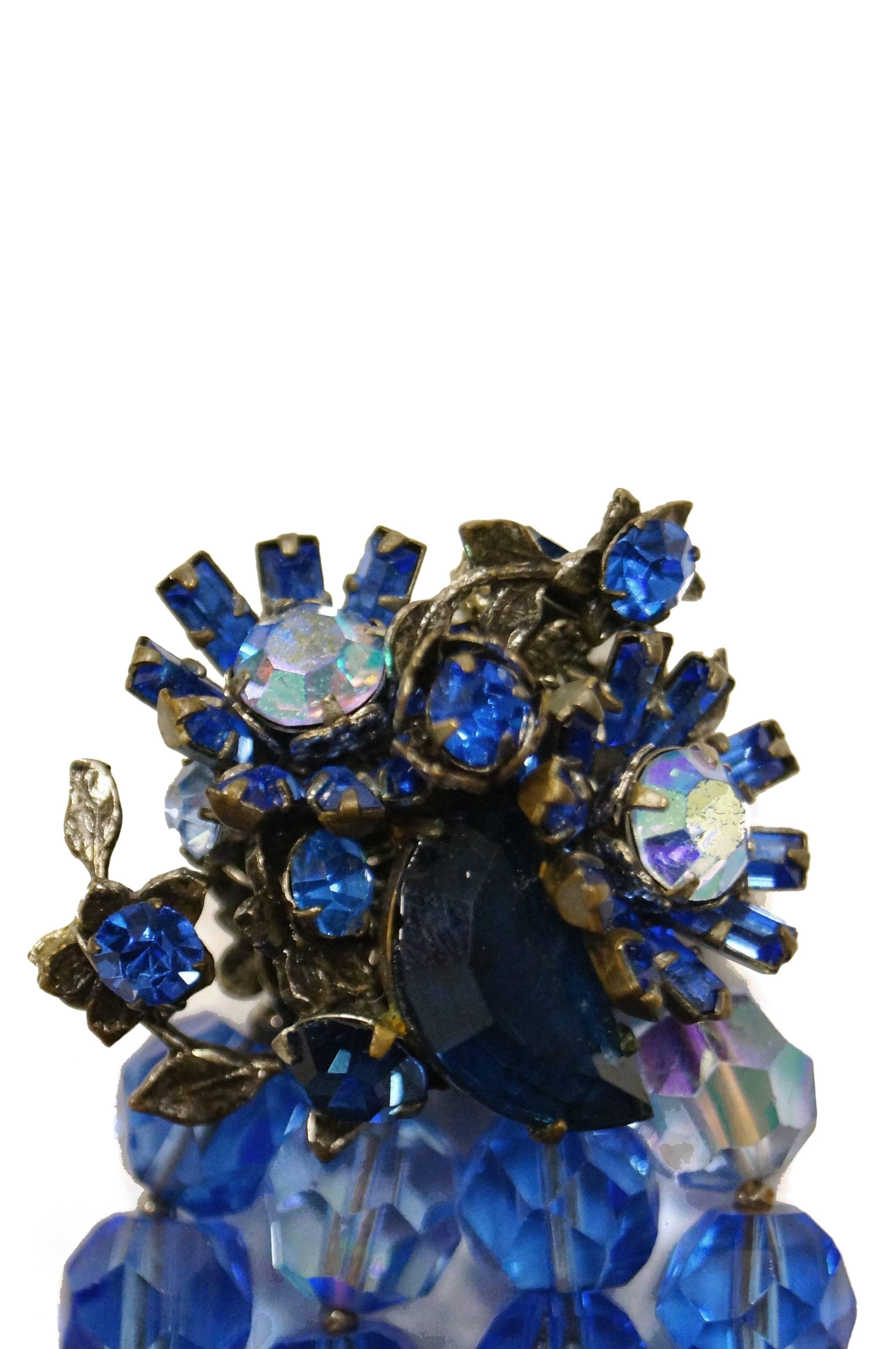 Women's 1950s DeMario Blue Beaded Floral Brooch and Bracelet Set For Sale