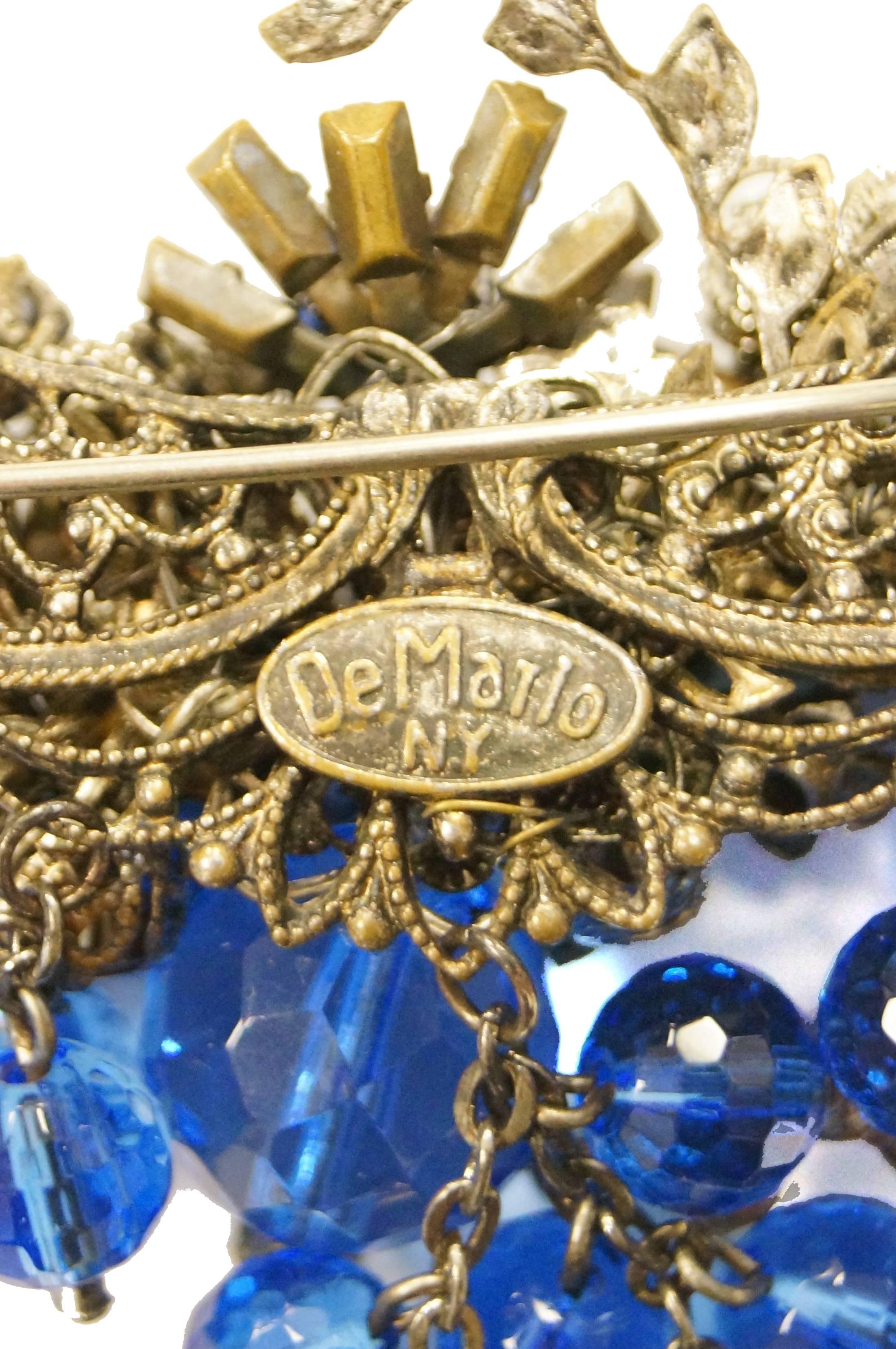 1950s DeMario Blue Beaded Floral Brooch and Bracelet Set For Sale 5
