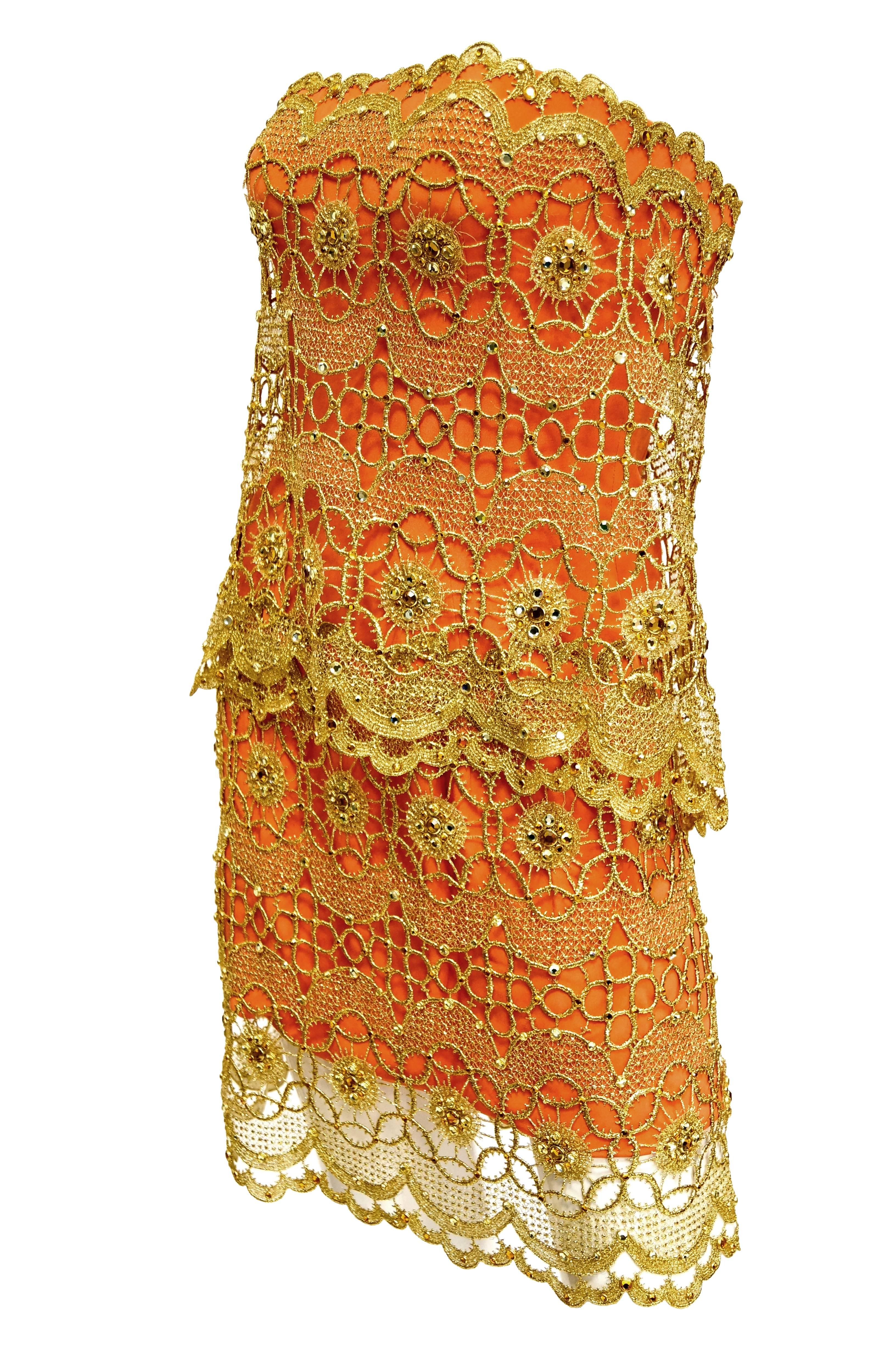 Bob Mackie Tangerine Gold Lace and Rhinestone Cocktail Dress,  1990s  1