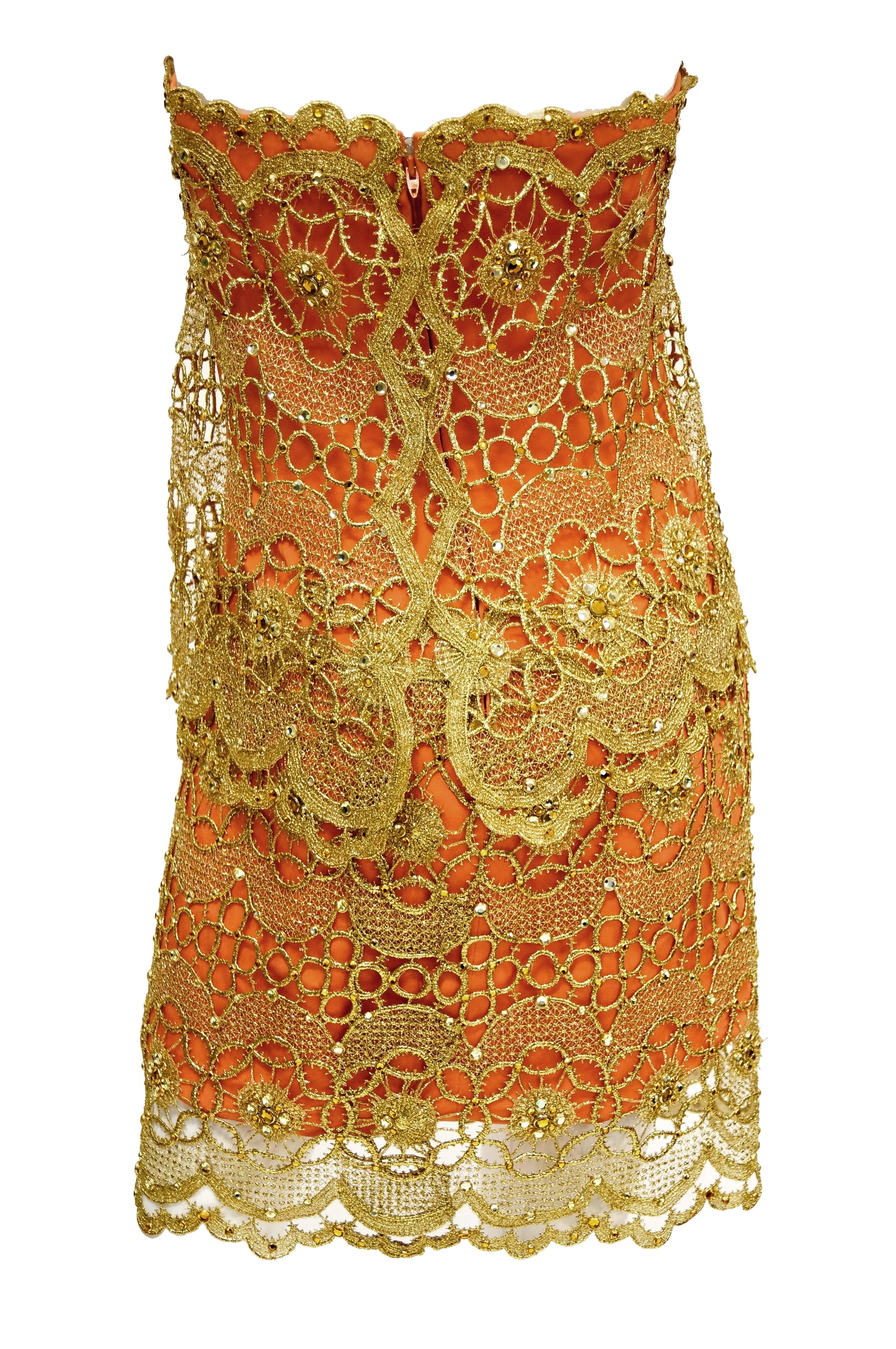 Bob Mackie Tangerine Gold Lace and Rhinestone Cocktail Dress,  1990s  2
