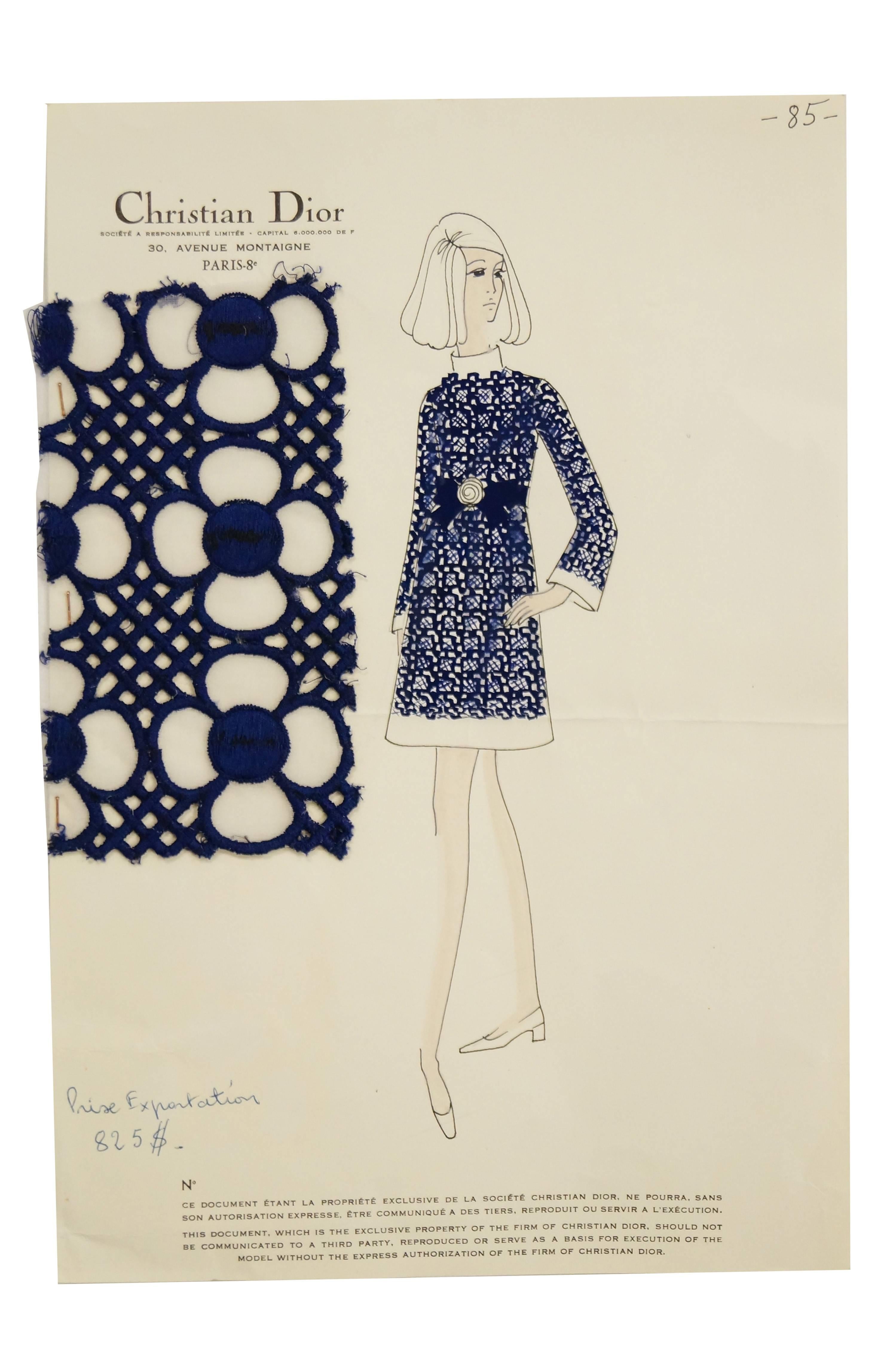 1968 Christian Dior Haute Couture Floral Lattice Lace Mod Dress Original Design For Sale 1