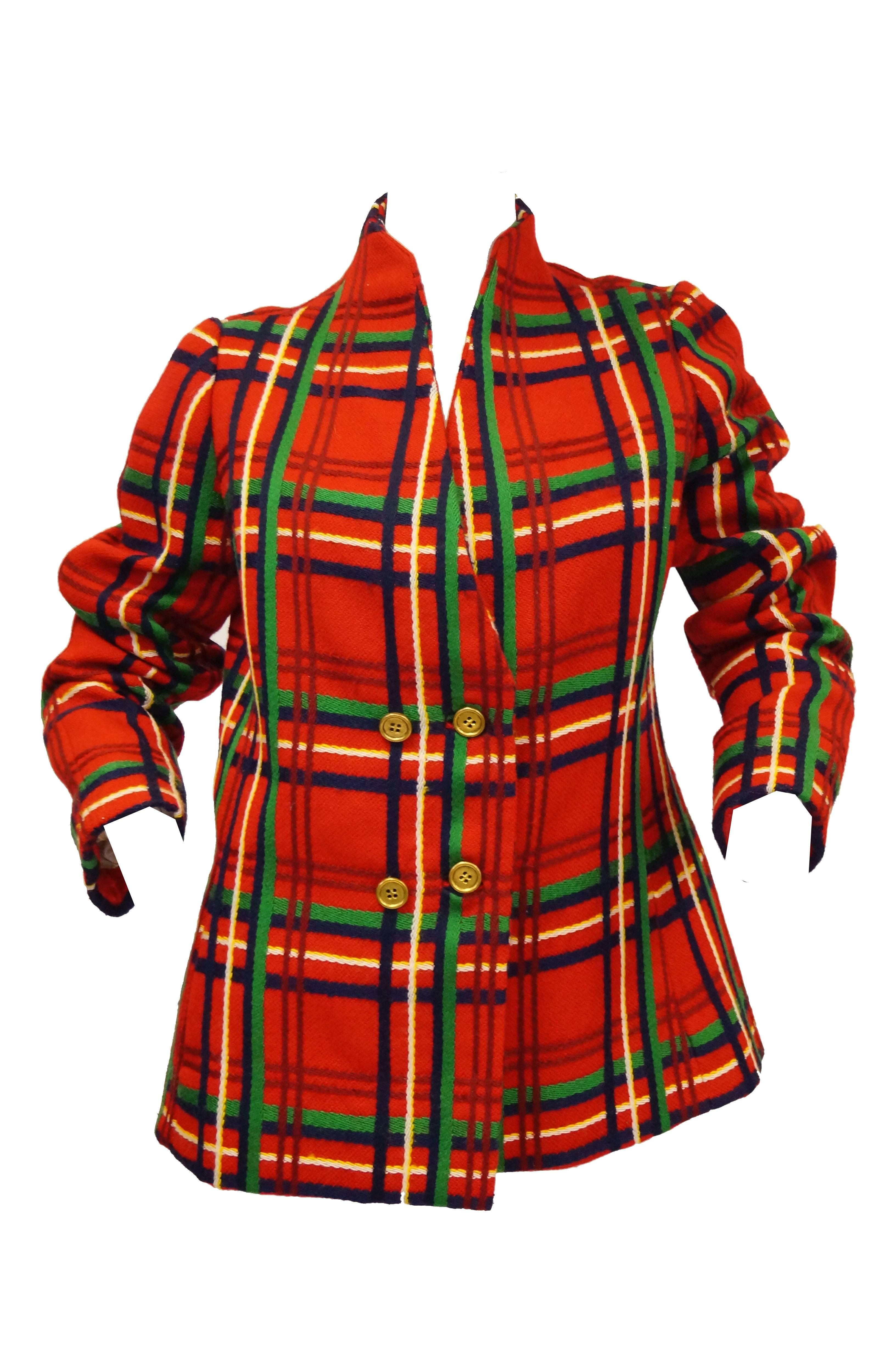 1970s Galanos Red Plaid Dress and Jacket In Excellent Condition For Sale In Houston, TX