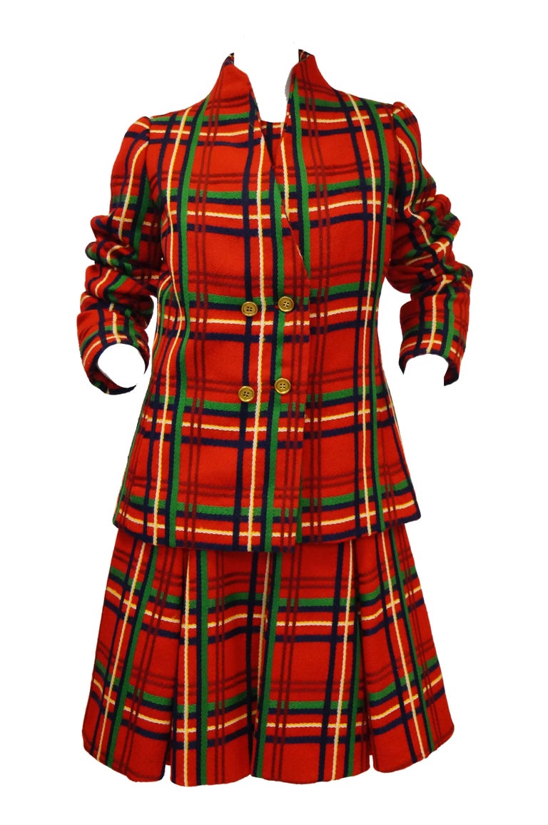 1970s Galanos Red Plaid Dress and Jacket For Sale at 1stDibs