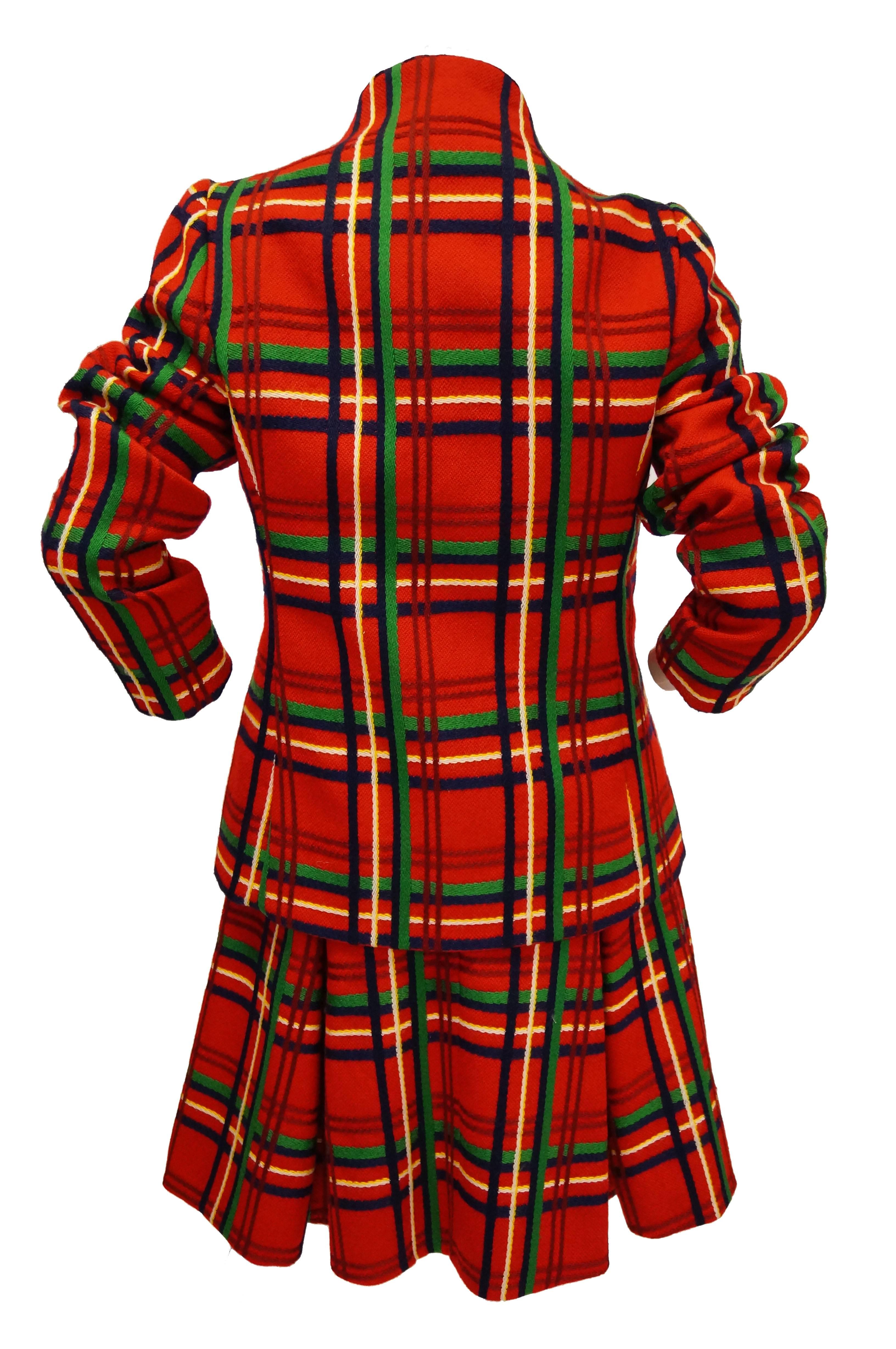 1970s Galanos Red Plaid Dress and Jacket For Sale 1