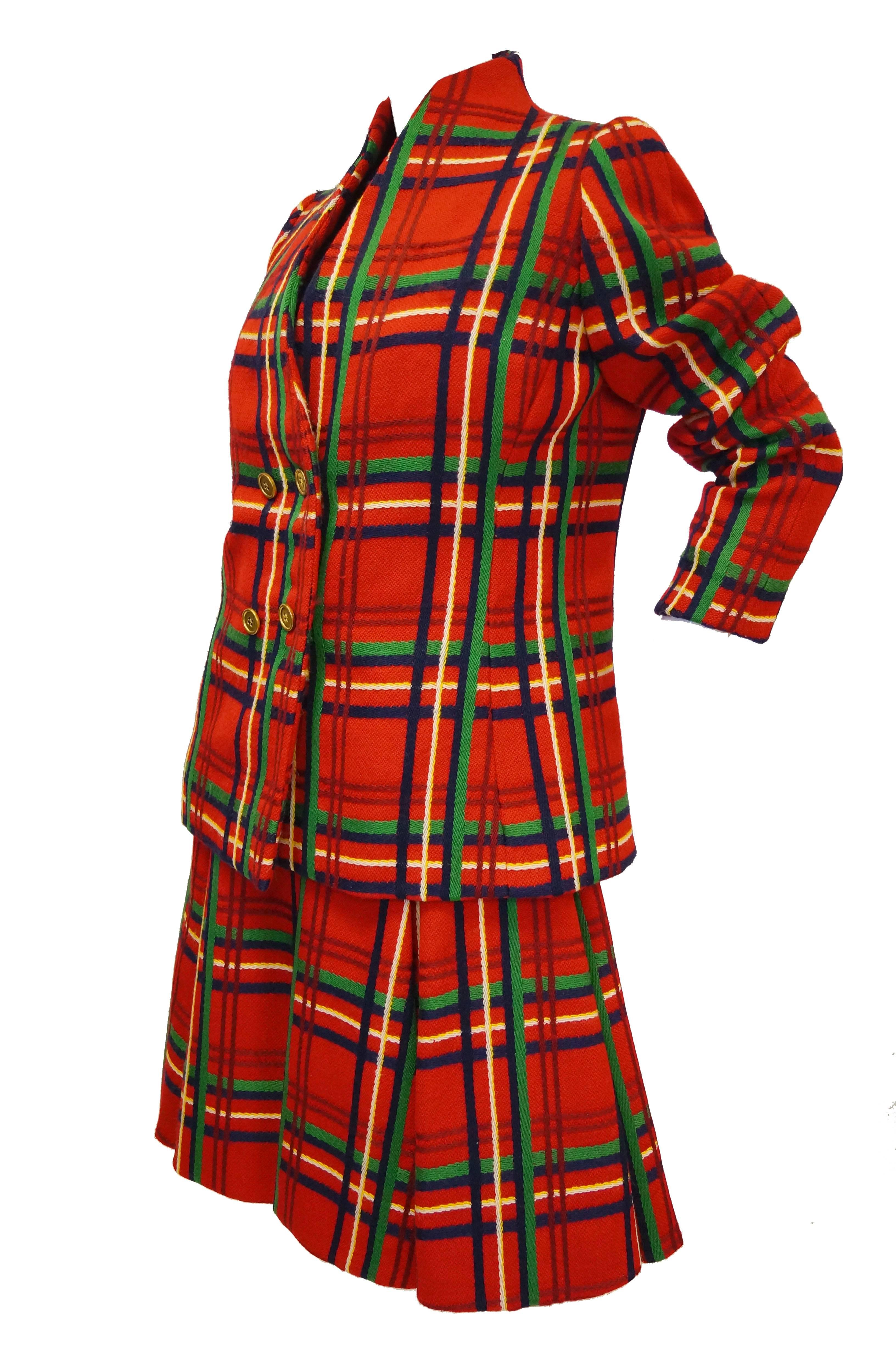 Women's 1970s Galanos Red Plaid Dress and Jacket For Sale
