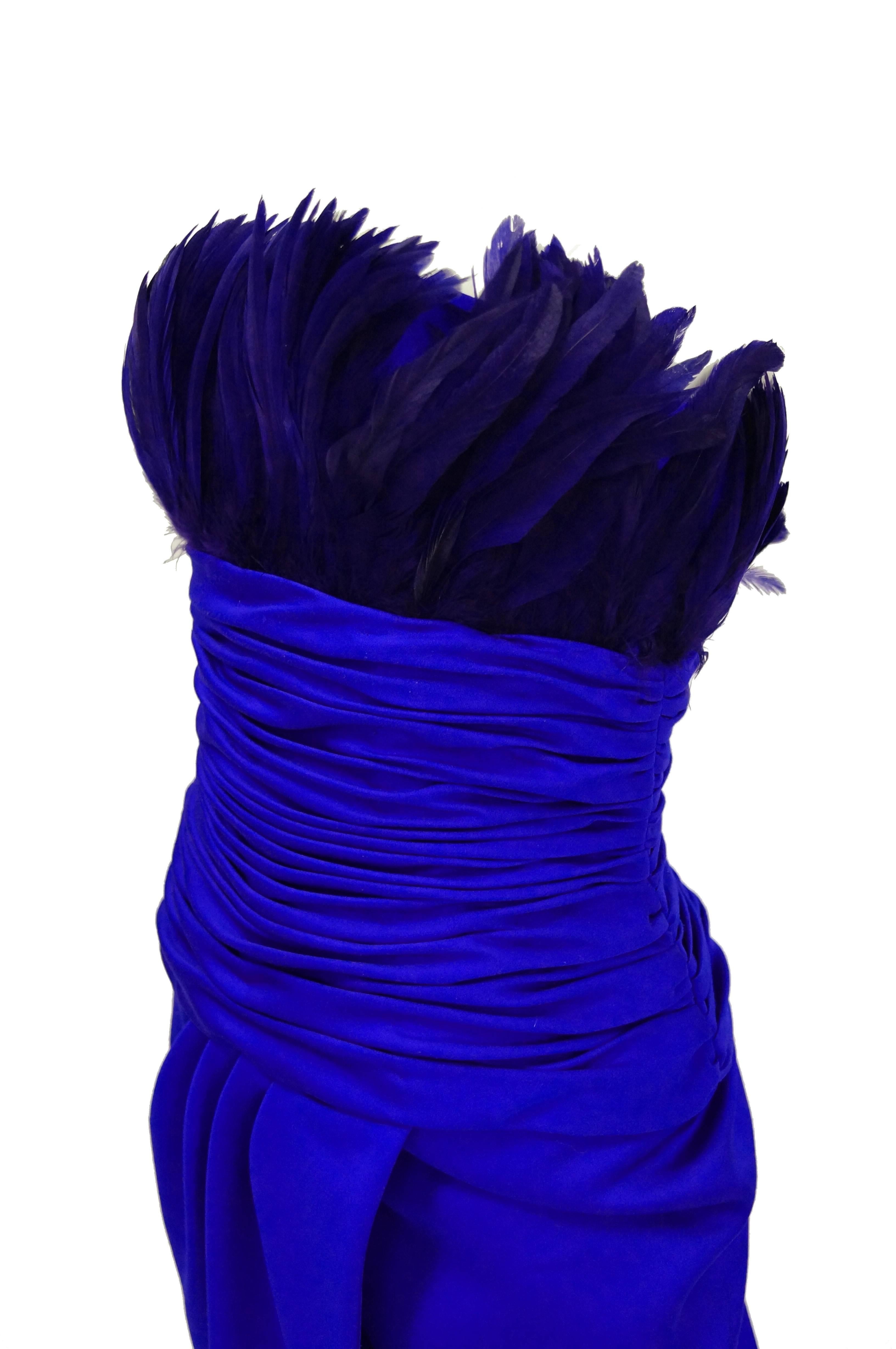 1980s Victor Costa Ultramarine Feather Cocktail Dress 2 In Good Condition In Houston, TX