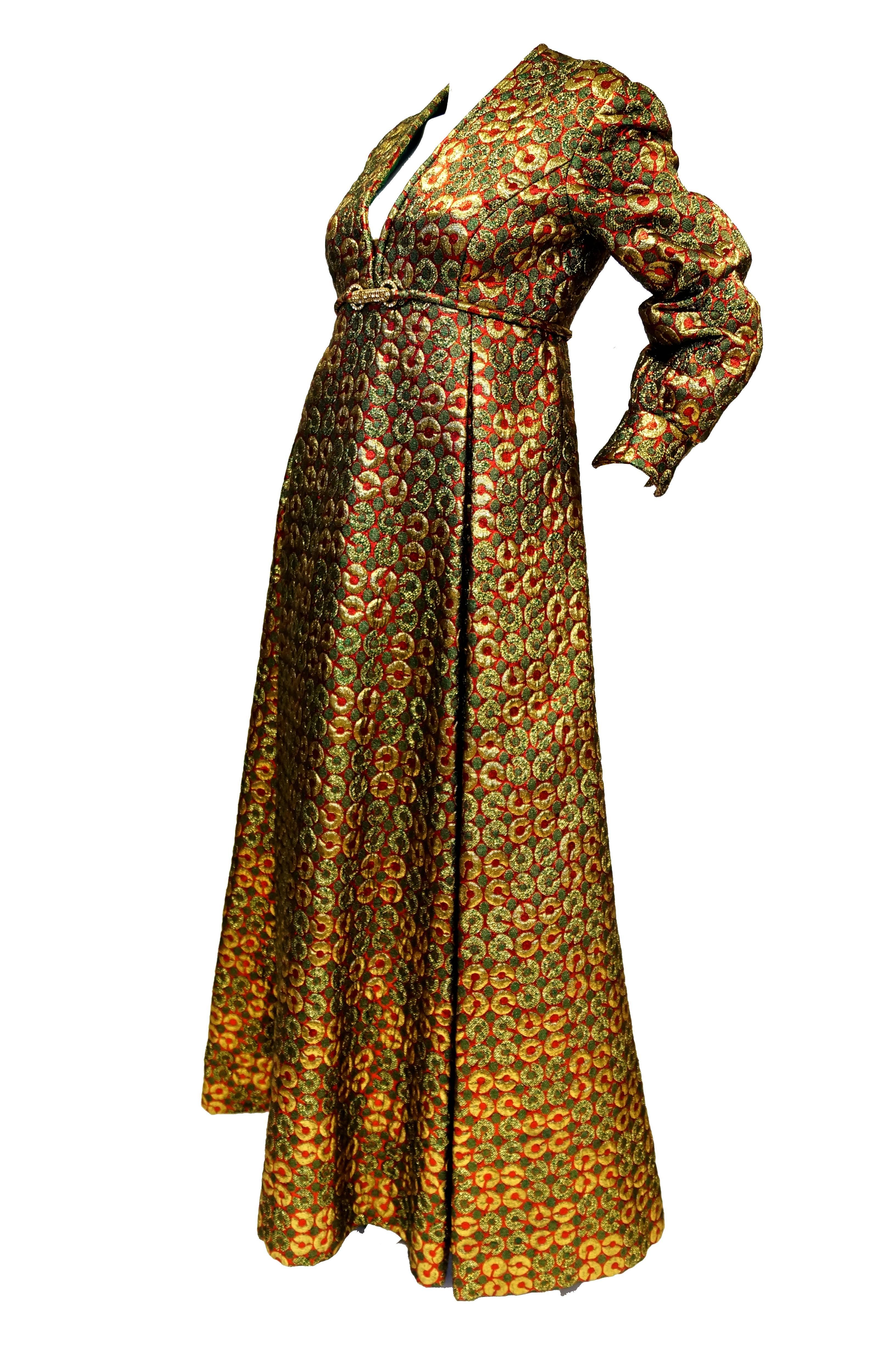 1970s Malcolm Starr Gold Green Metallic Maxi Dress  In Excellent Condition For Sale In Houston, TX